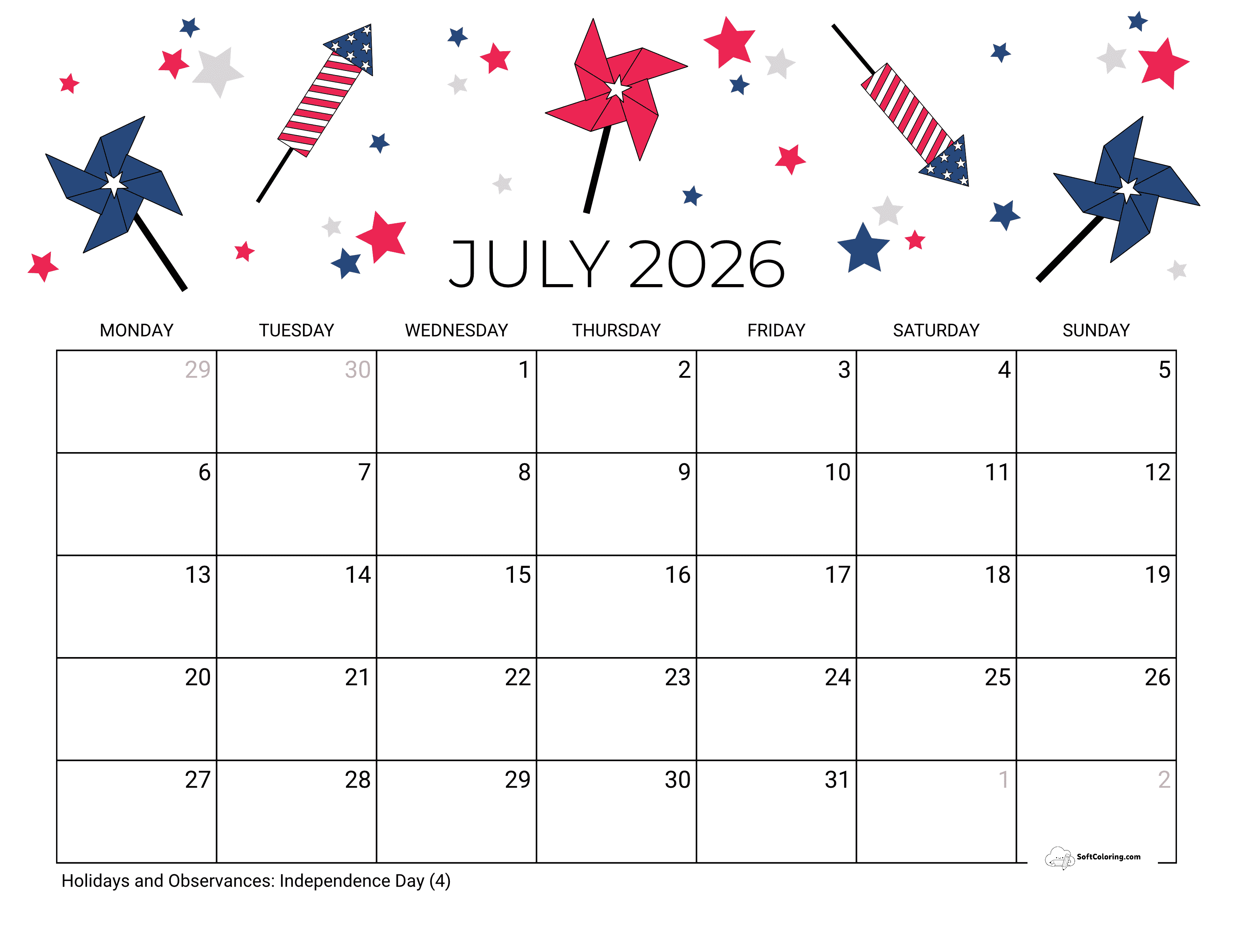 July 4Th - 2026 Monday Calendar