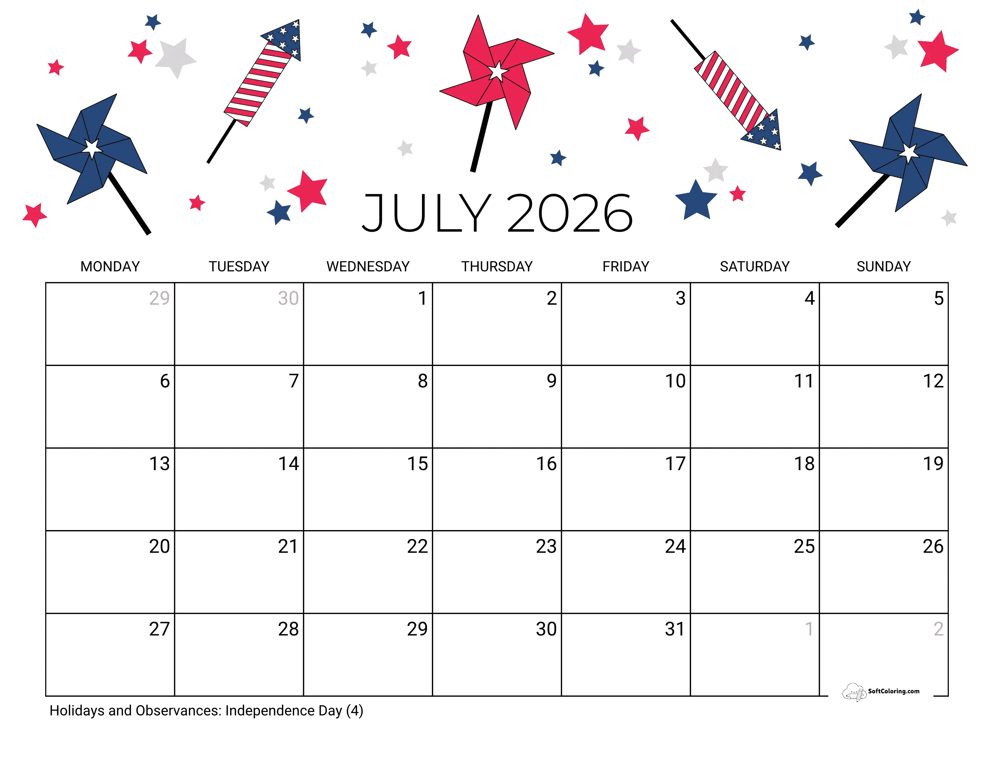 July 4Th - 2026 Monday Calendar