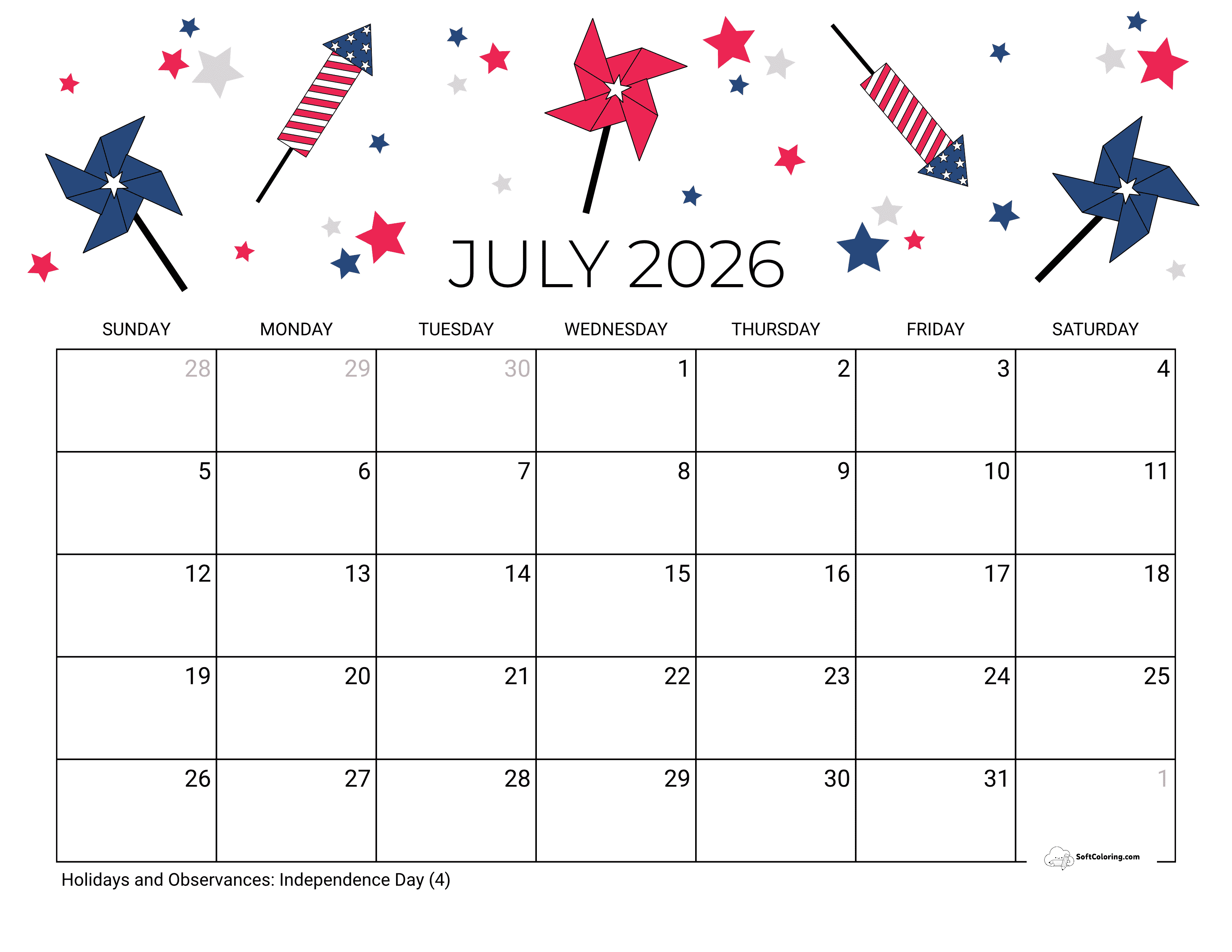 Independence Day Fireworks July 2026 Calendar Template