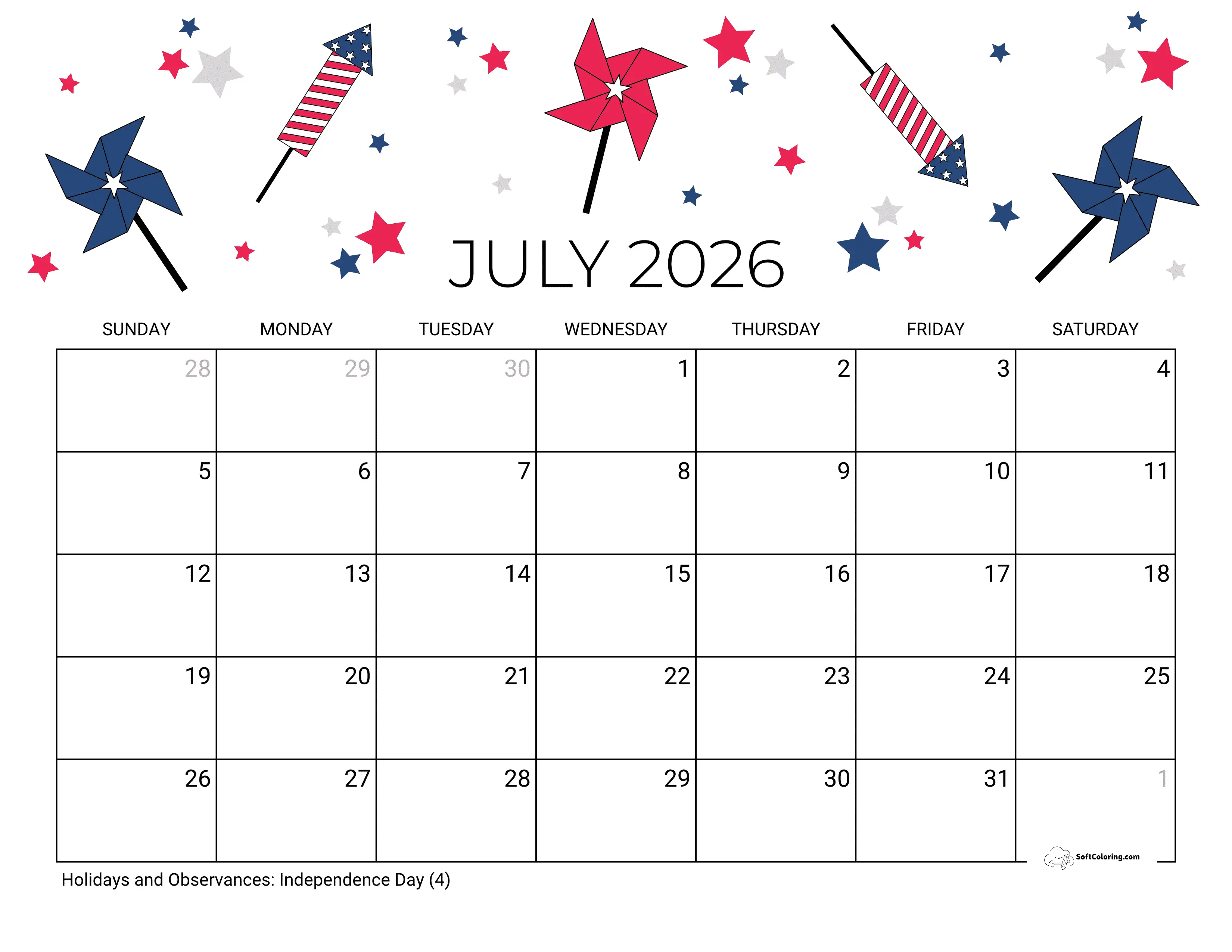 Independence Day Fireworks July 2026 Calendar Template
