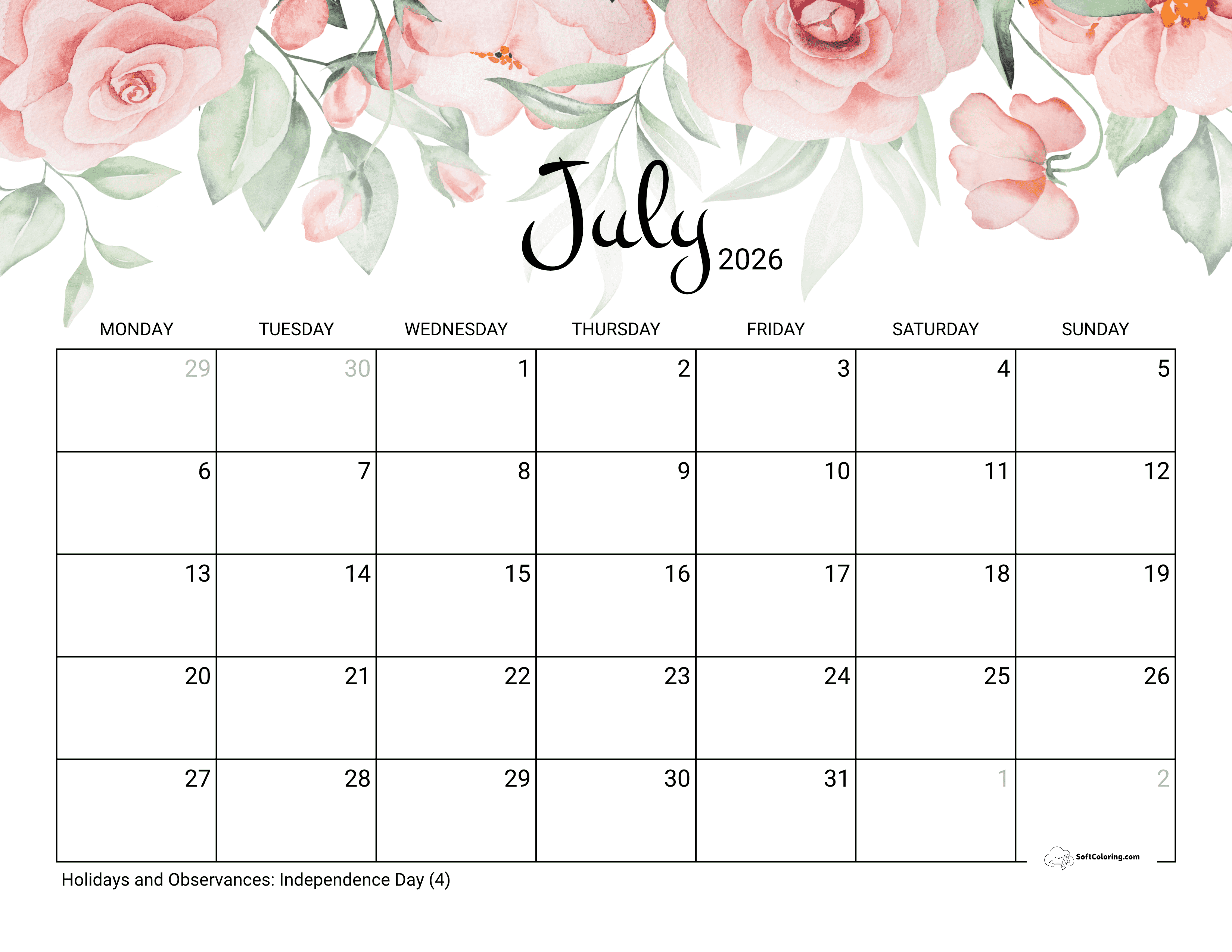 Roses - July 2026 Monday Calendar