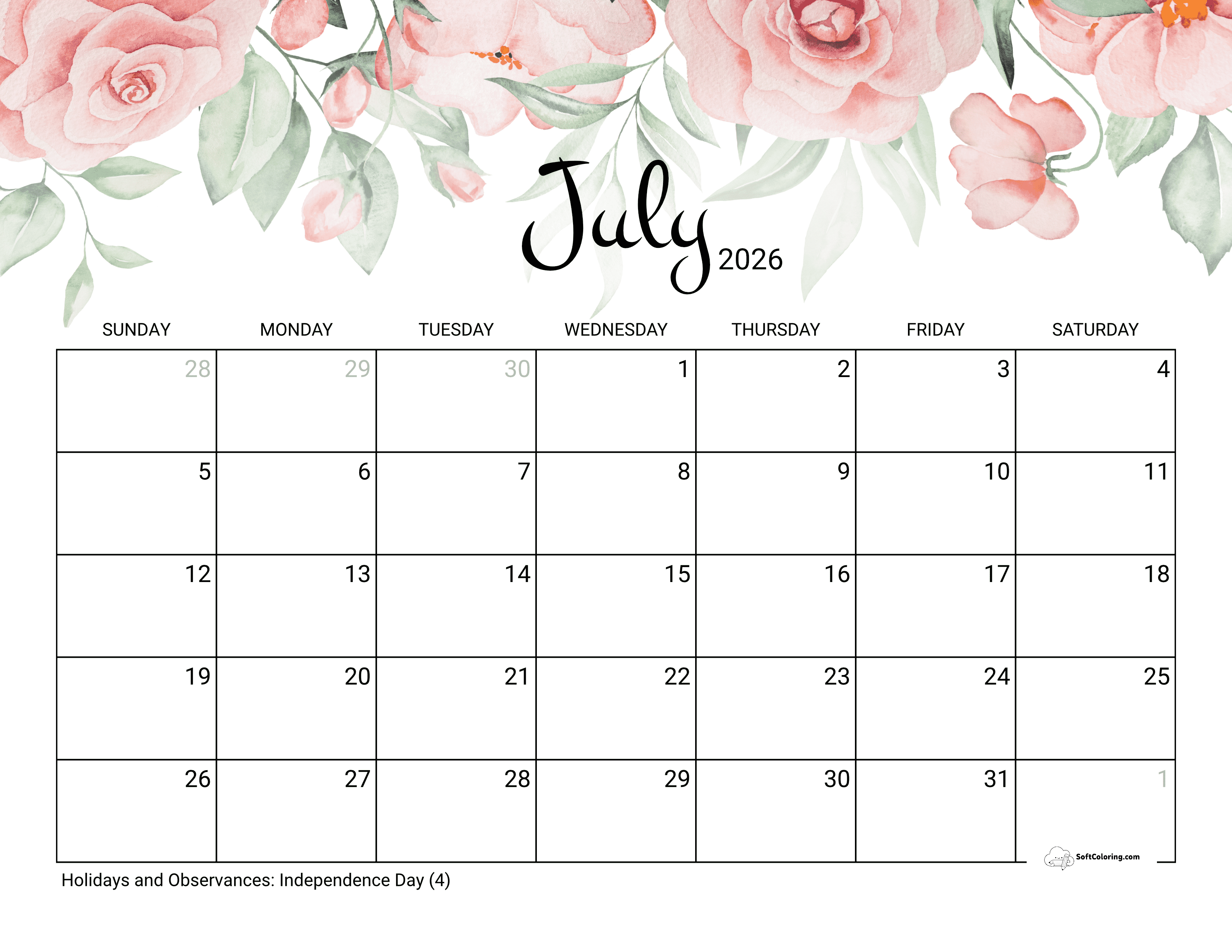 Watercolor Roses Printable 2026 July Calendar