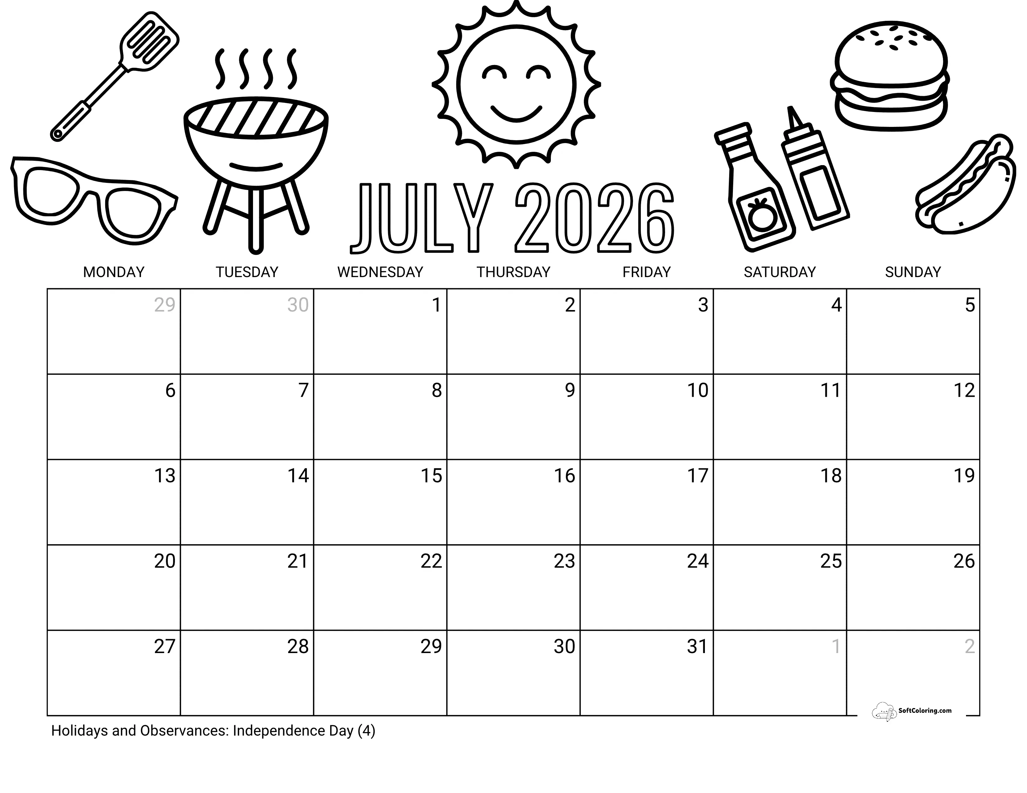 Cookout Coloring - July 2026 Mon Calendar