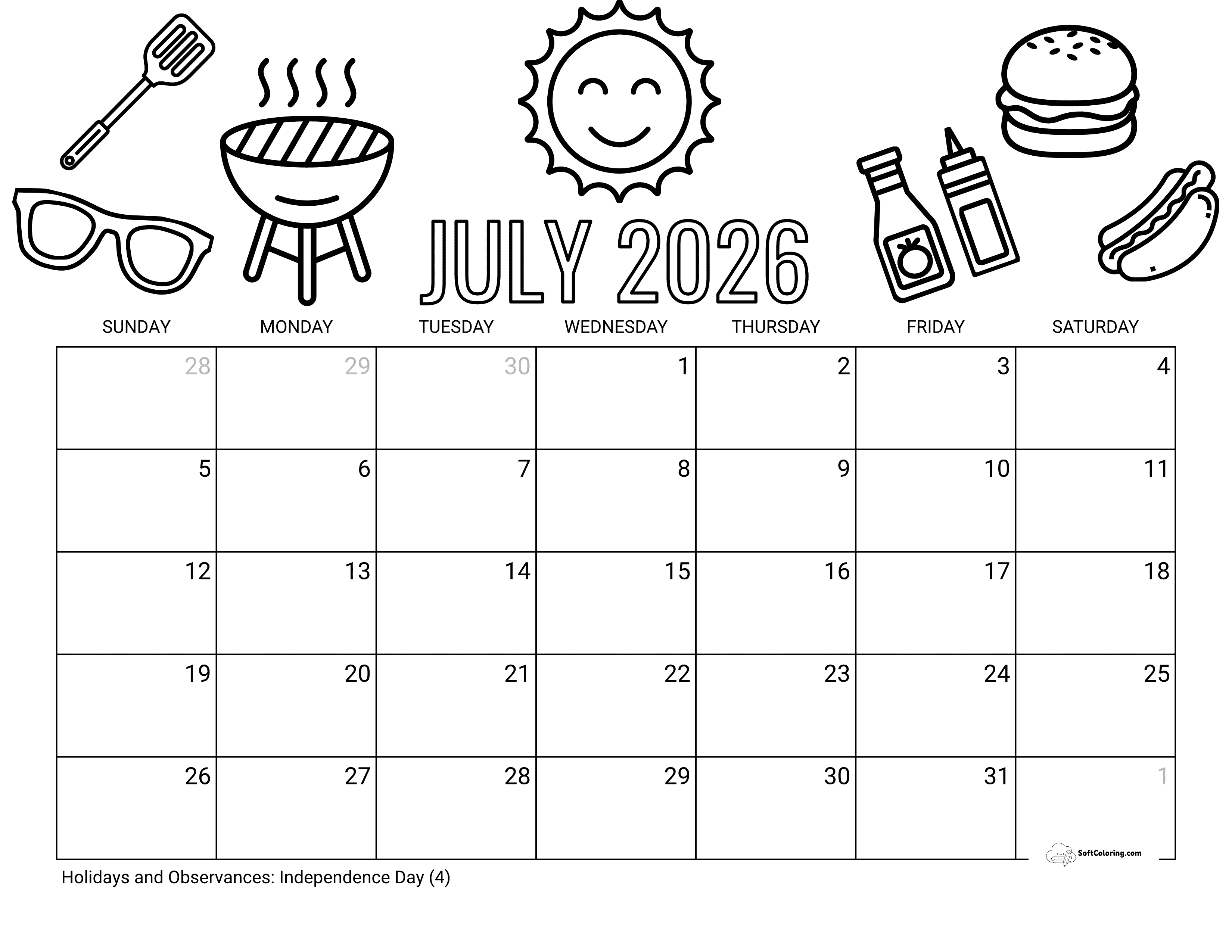 Summer Cookout July 2026 Printable Coloring Calendar