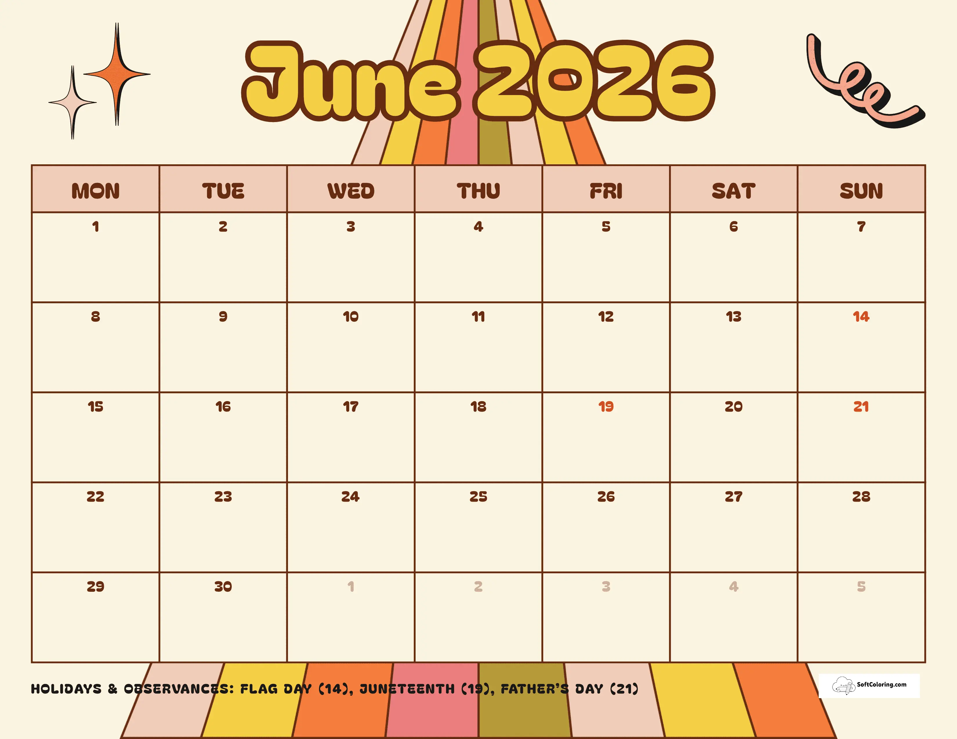 Retro - June 2026 Monday Calendar