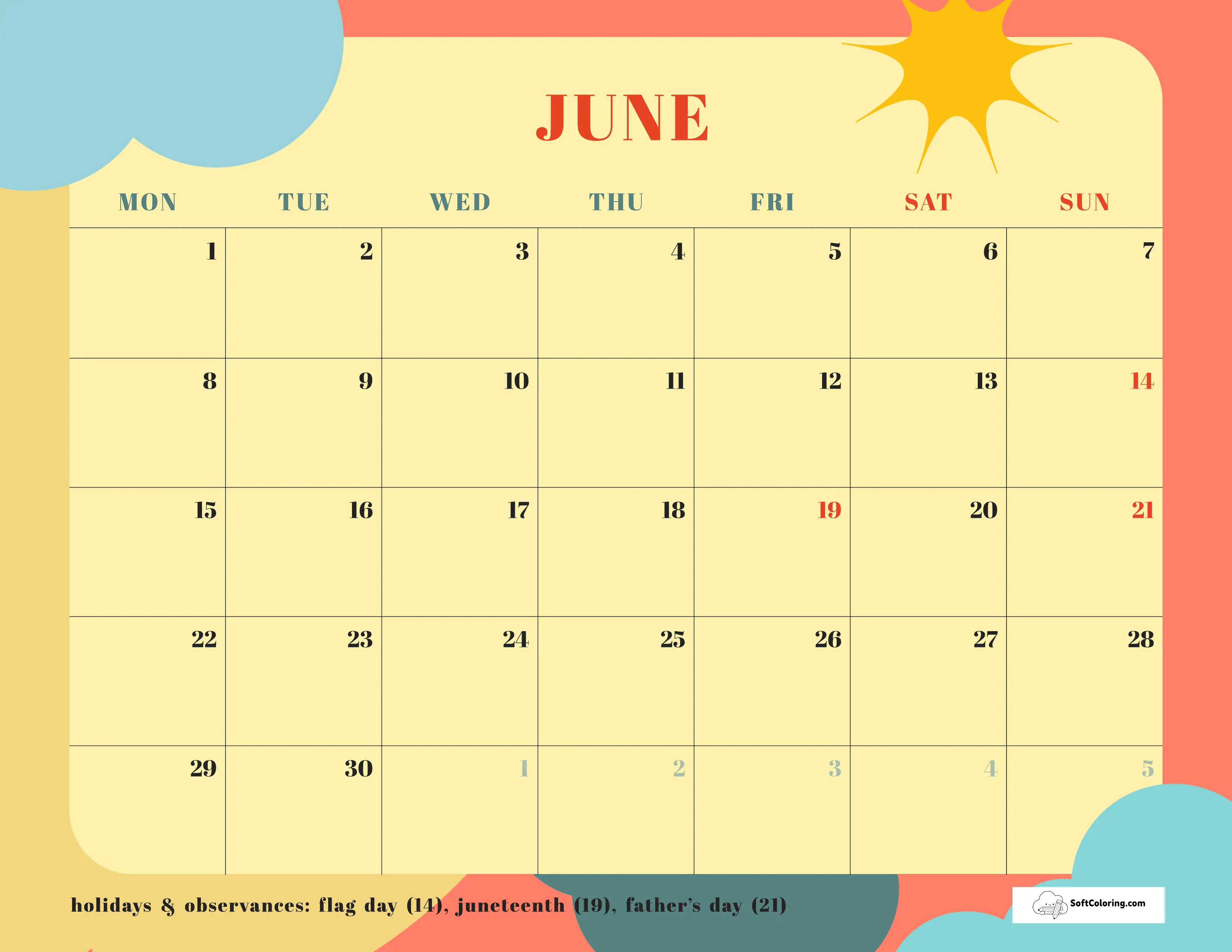 Summertime - June 2026 Monday Calendar
