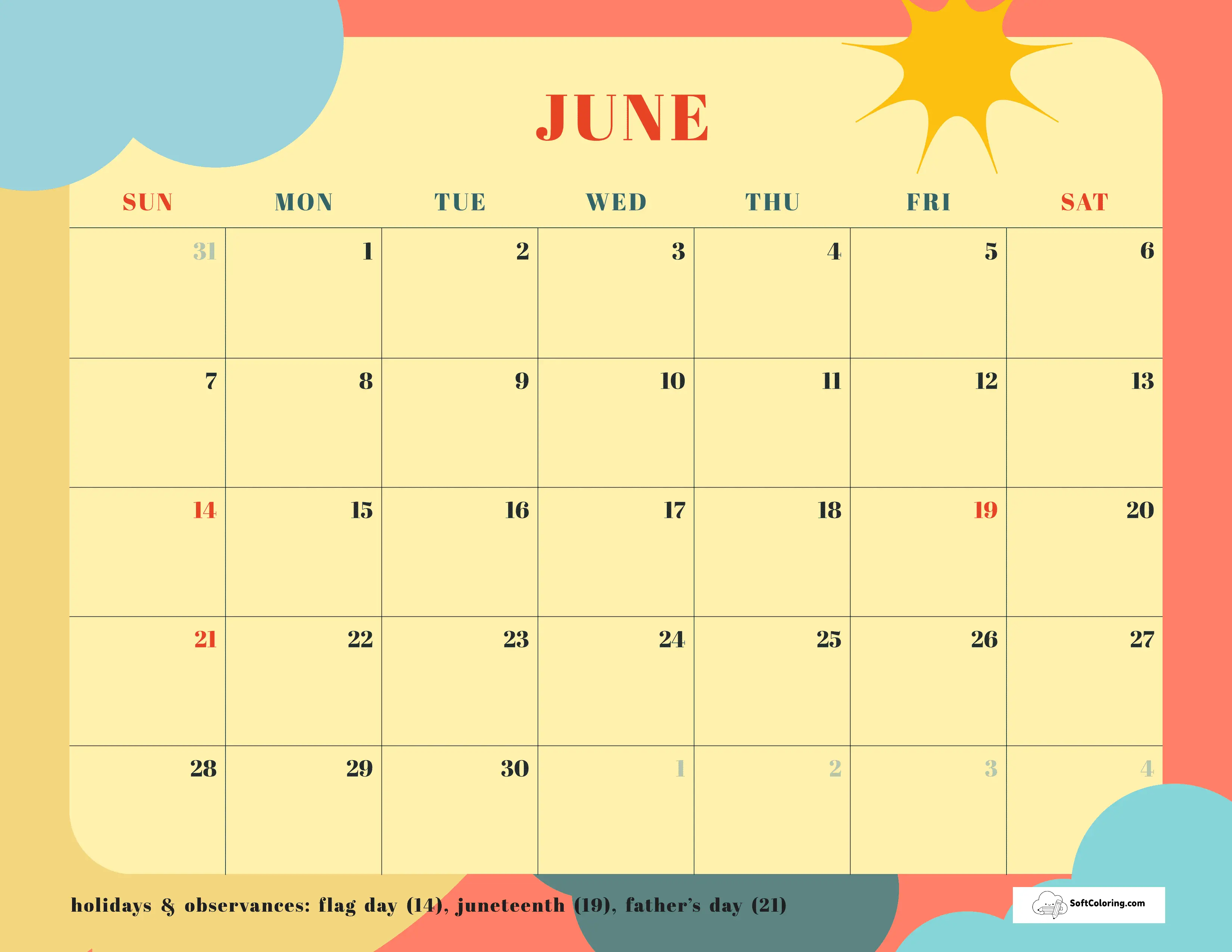 Bright Summery Cartoon June Calendar 2026 To Download