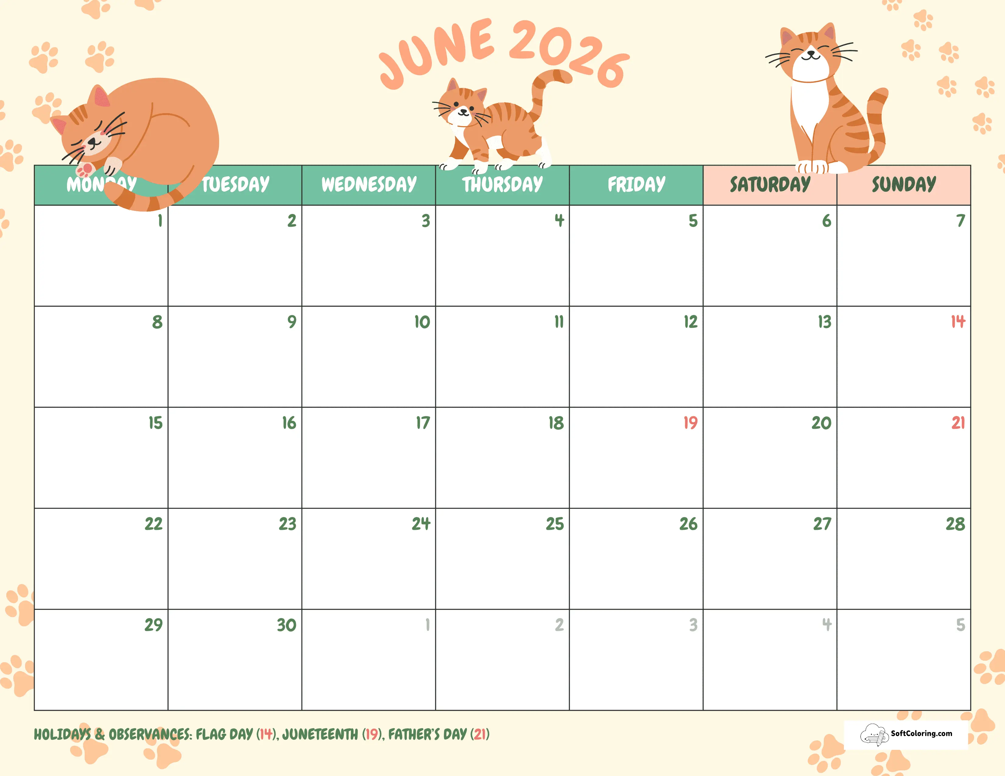 Kitties - June 2026 Monday Calendar