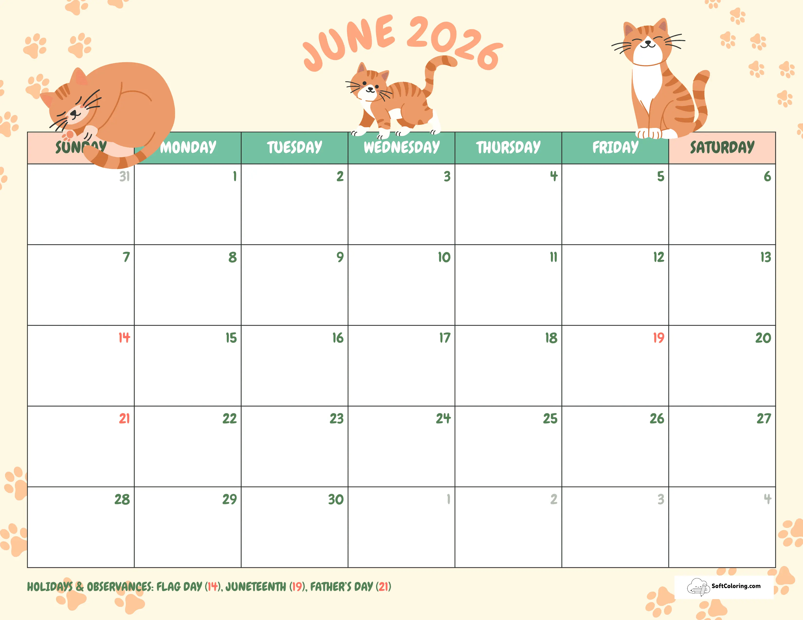 Cute Kitties June 2026 Calendar To Print