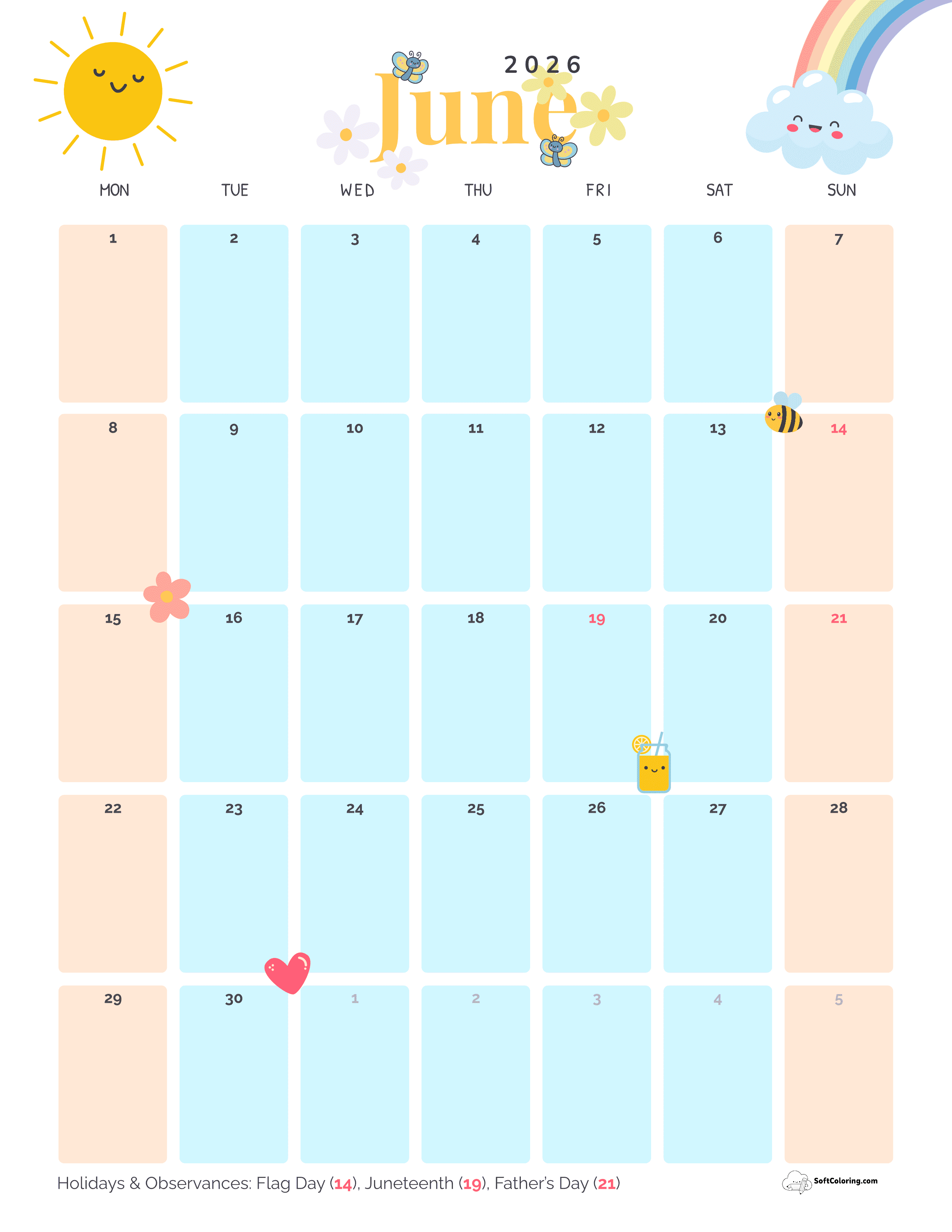 Sunshine Portrait - June 2026 Monday Calendar