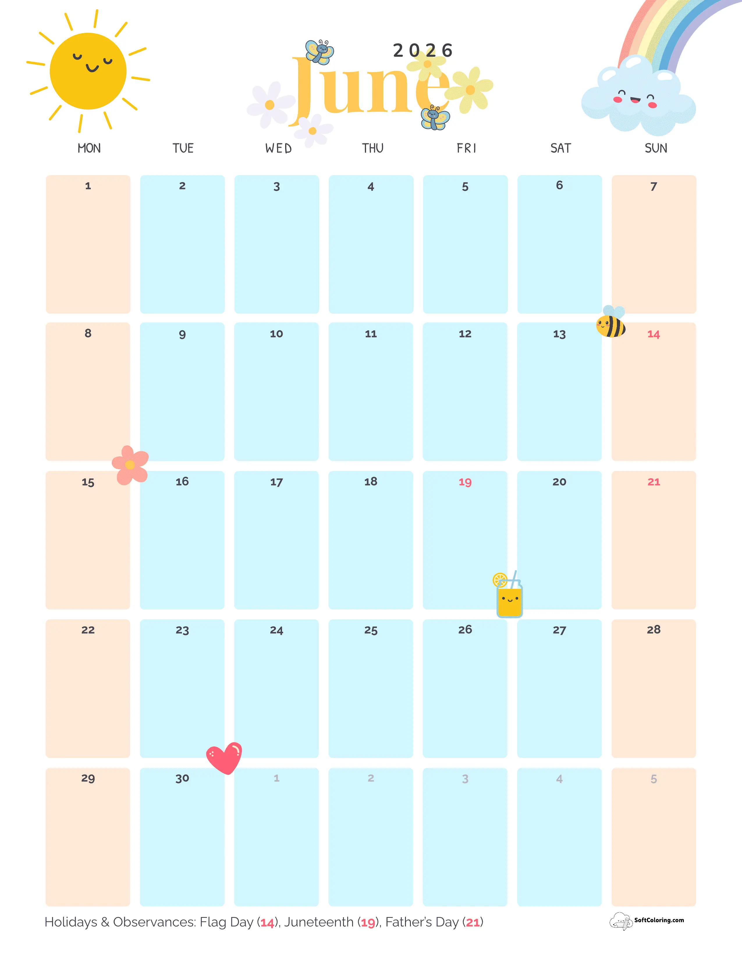 Sunshine Portrait - June 2026 Monday Calendar