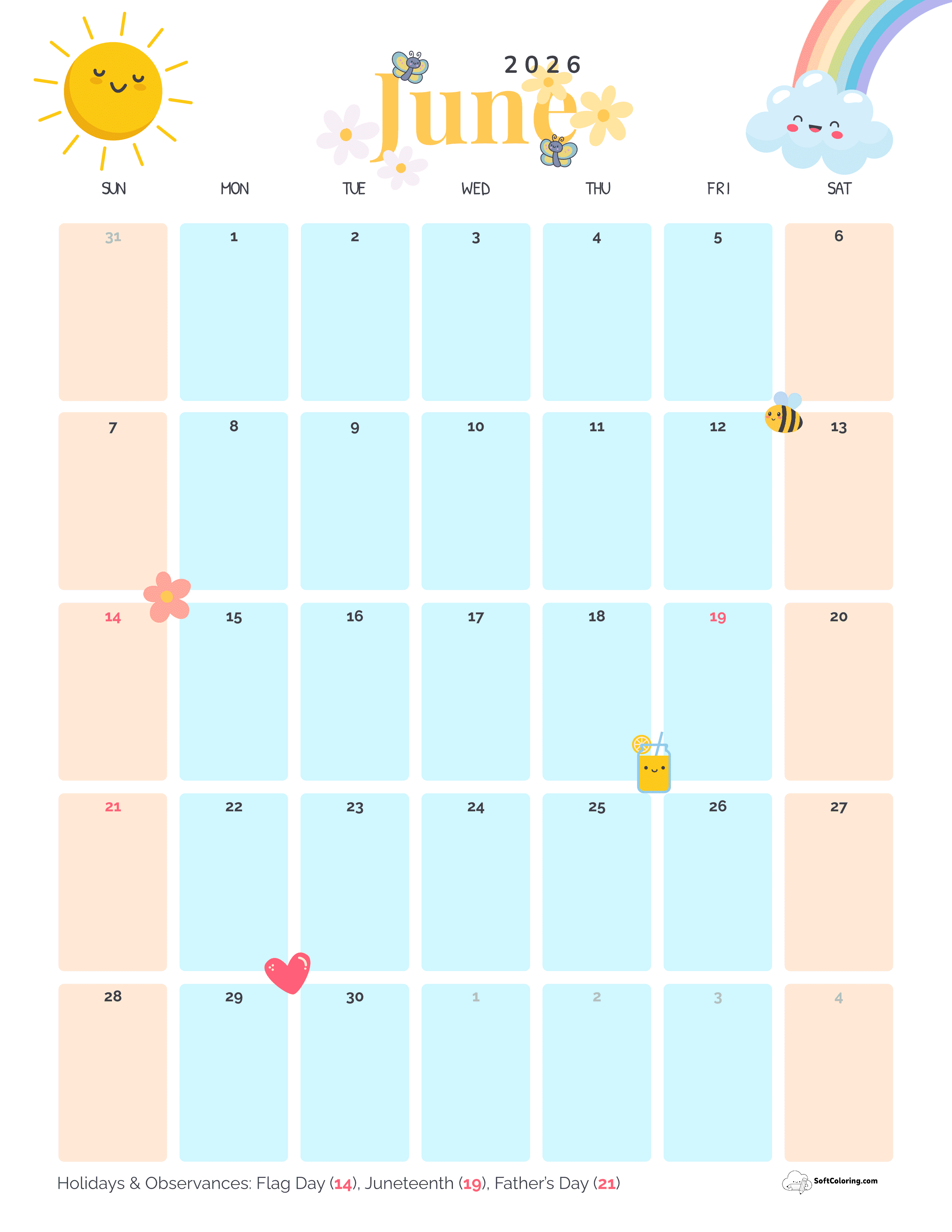 Sunshine And Rainbows Doodle 2026 June Portrait Calendar Template