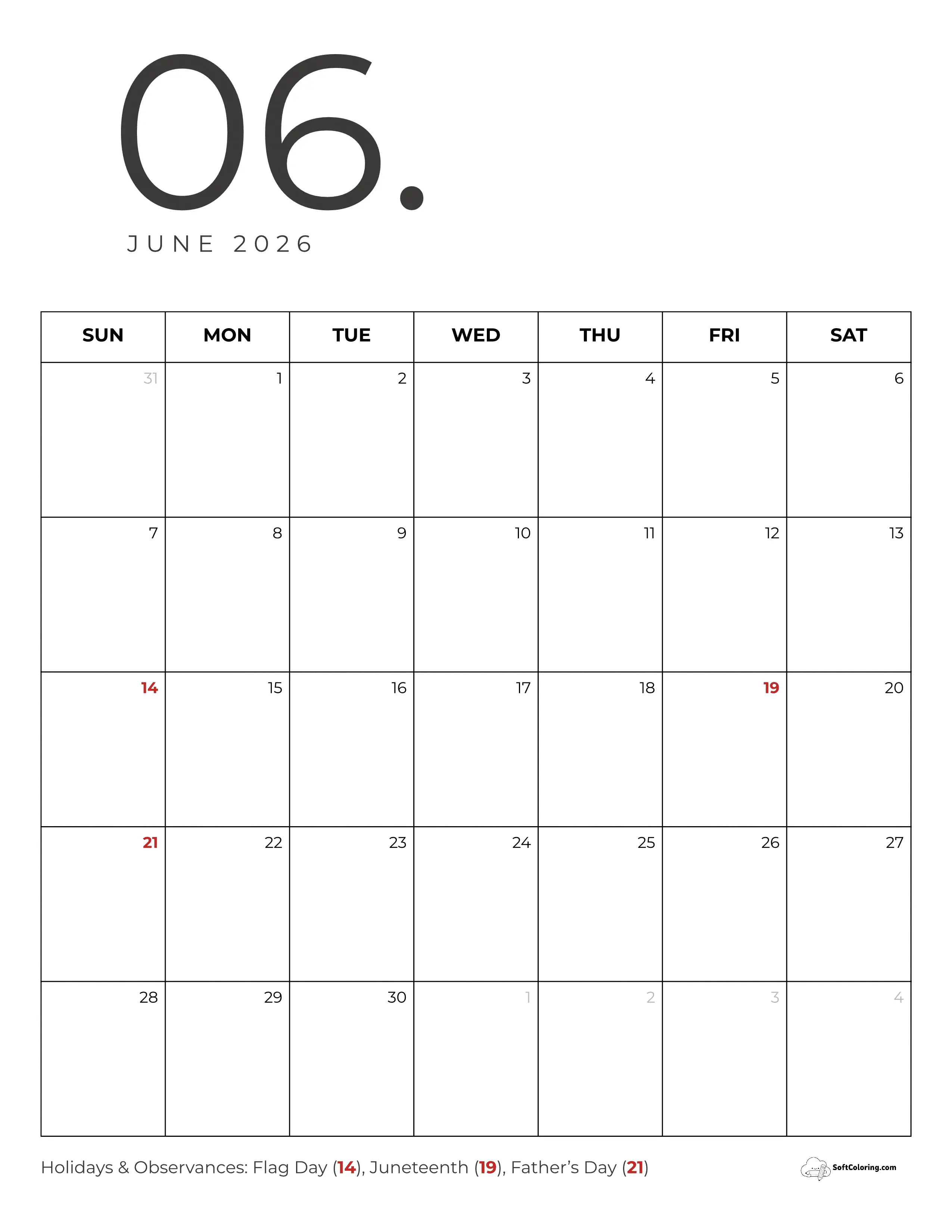 Modern Minimalist June 2026 Portrait Calendar Printable