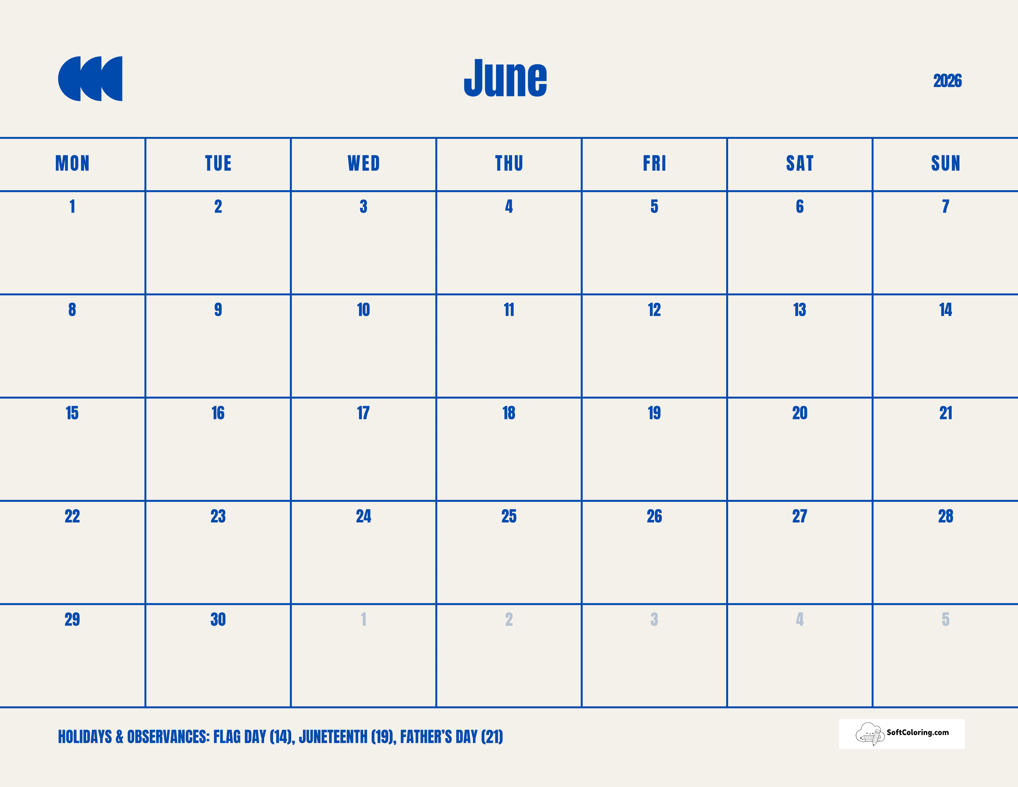 Simple Blue - June 2026 Monday Calendar