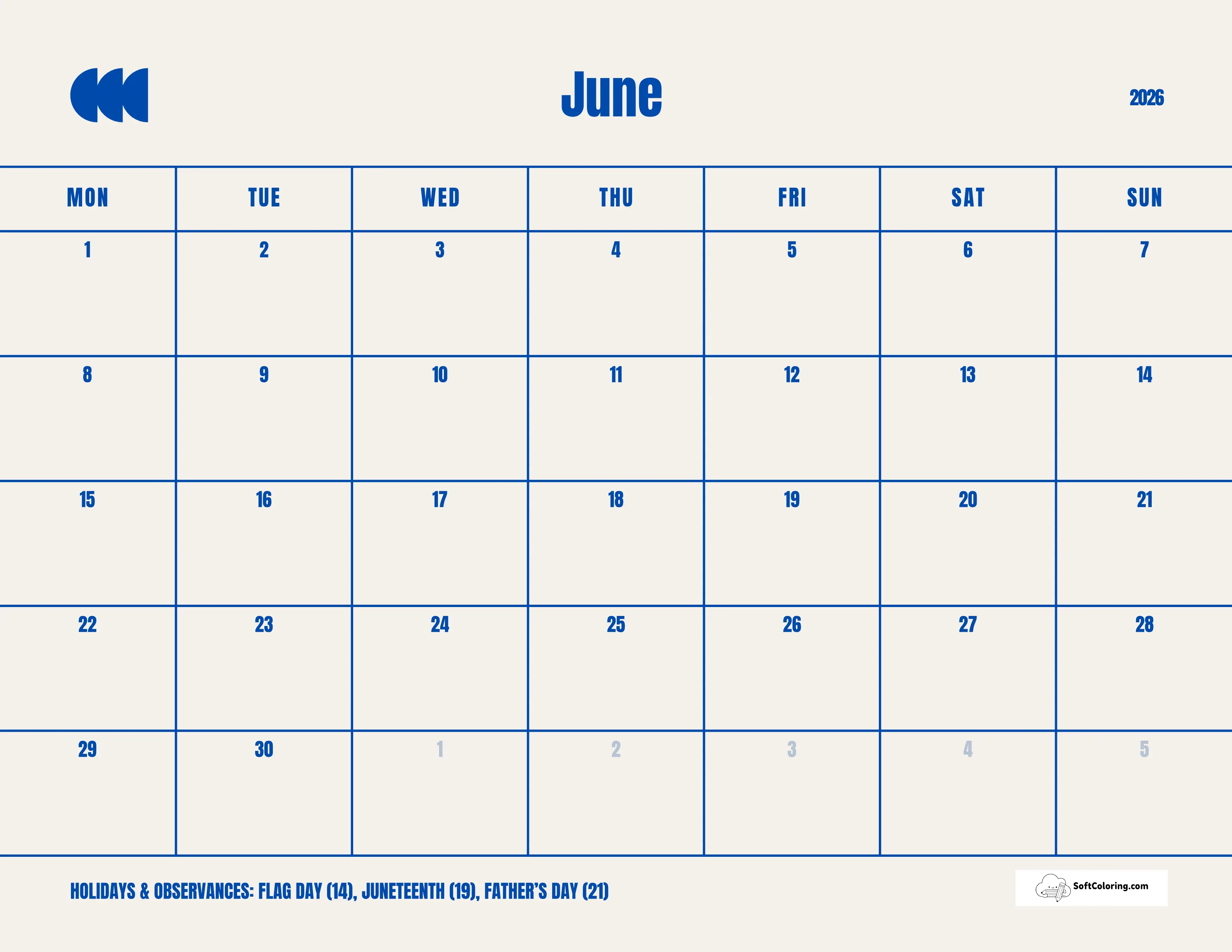 Simple Blue - June 2026 Monday Calendar