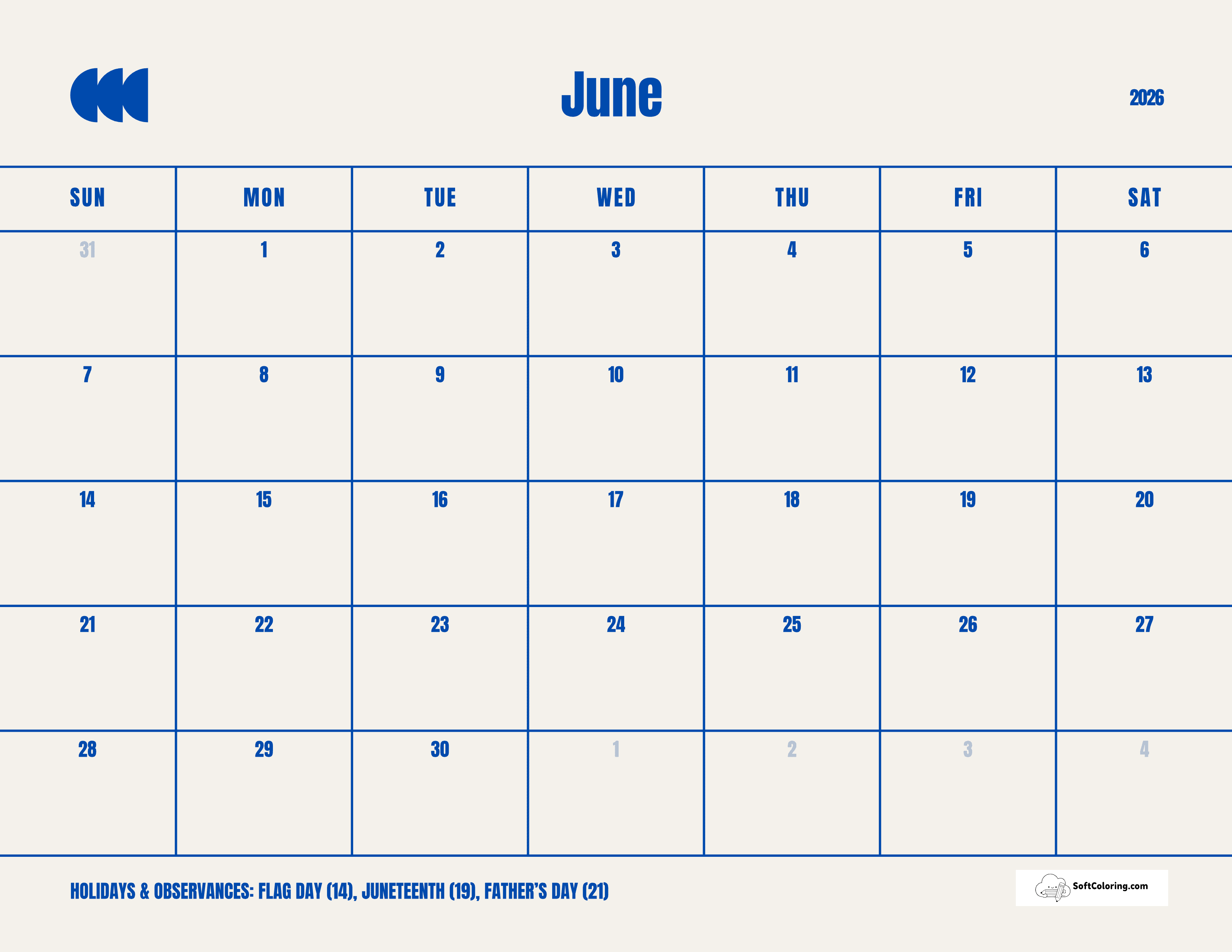 Simple Blue June Calendar 2026