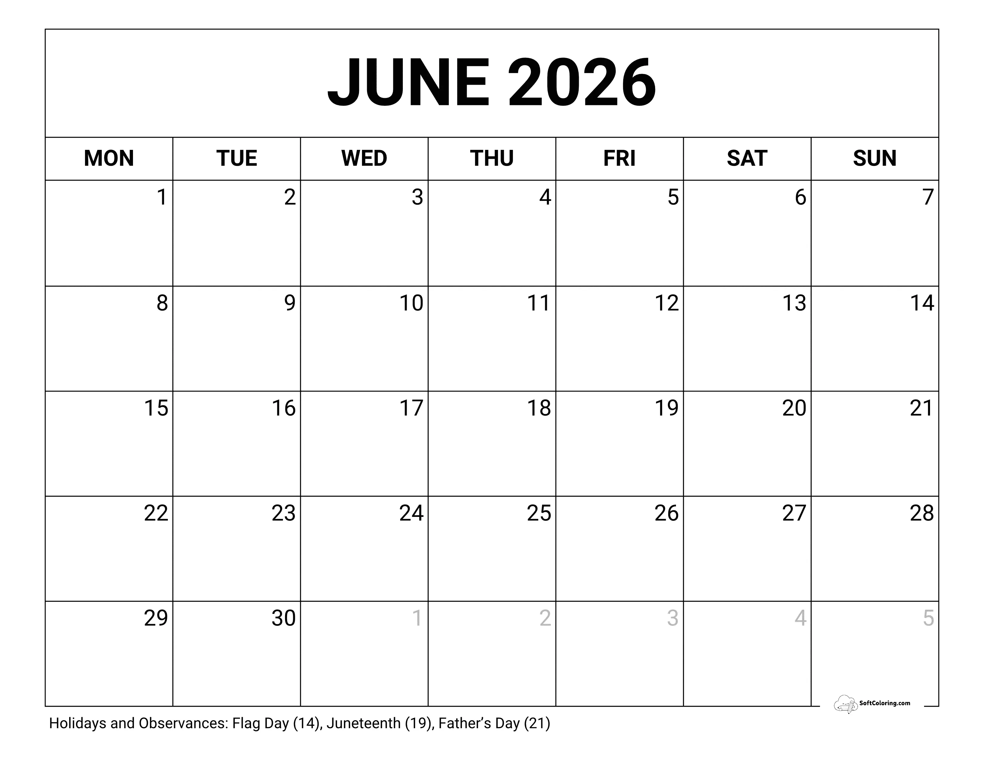 Blank - June 2026 Monday Calendar