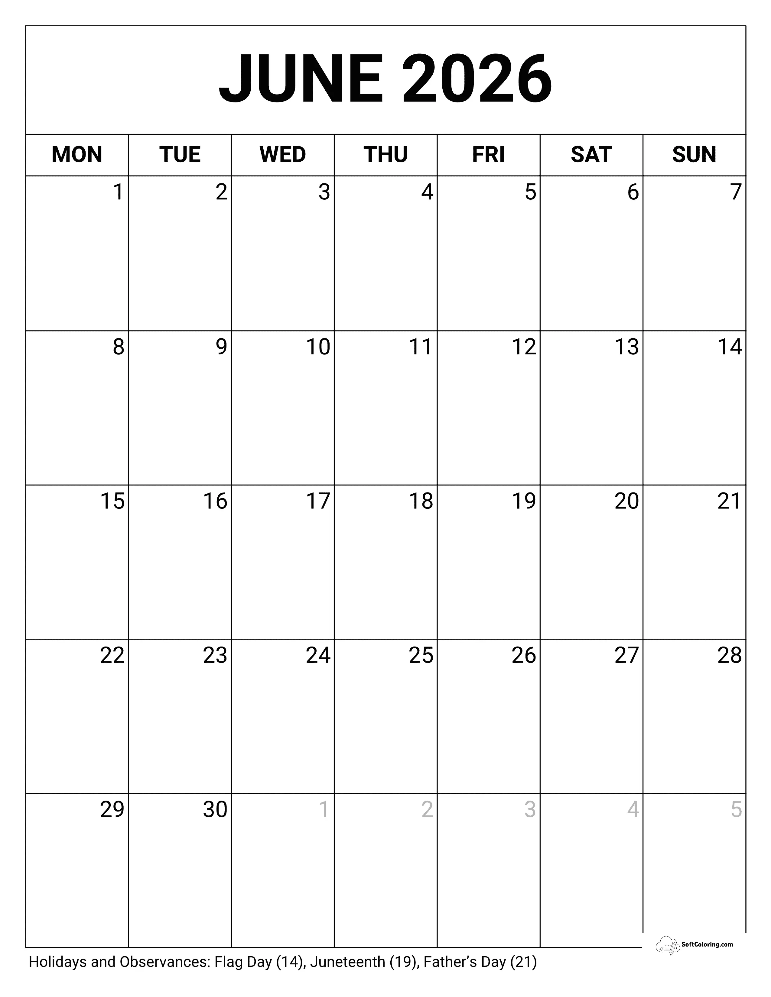 Blank Portrait - June 2026 Monday Calendar