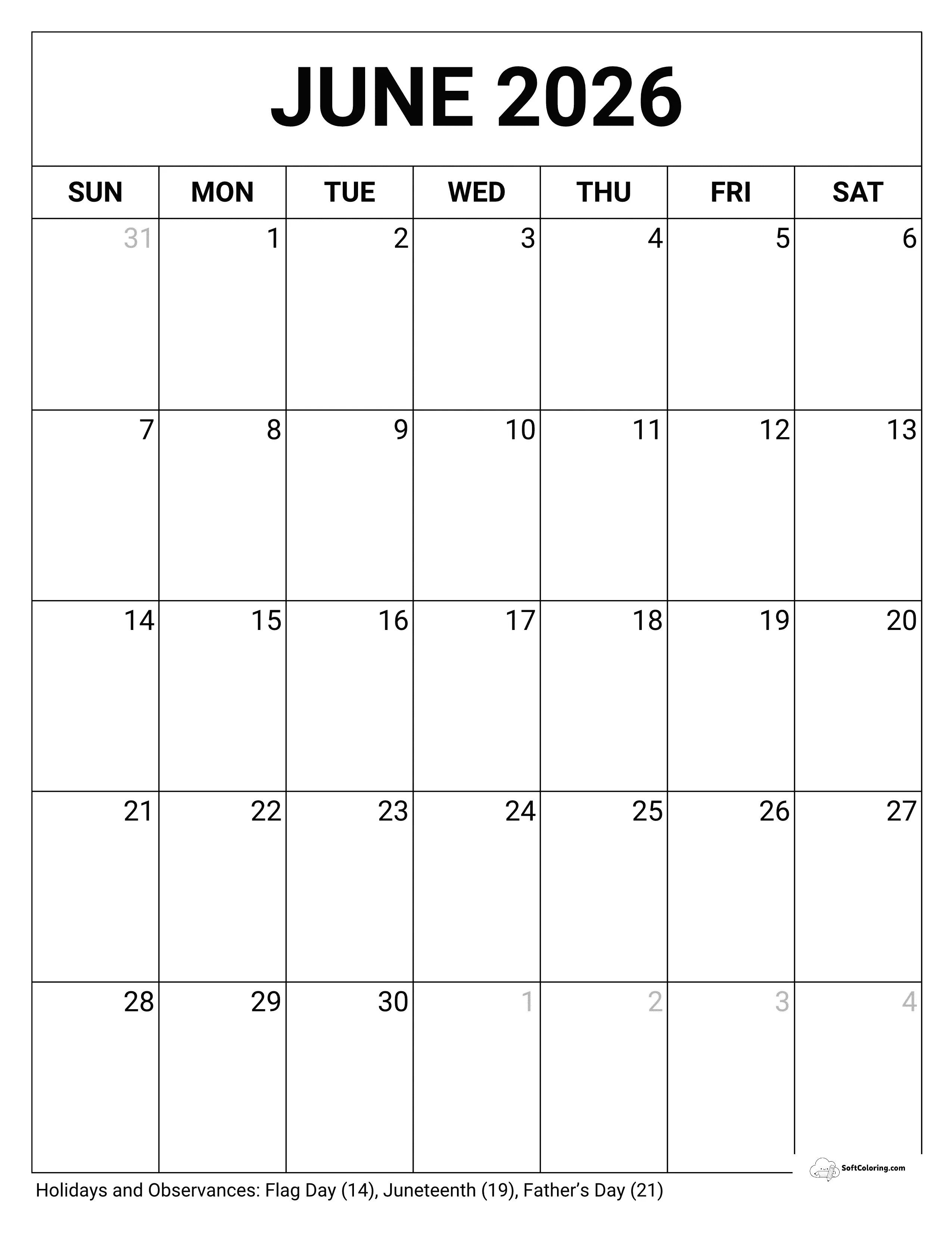 Blank Portrait 2026 June Calendar Template