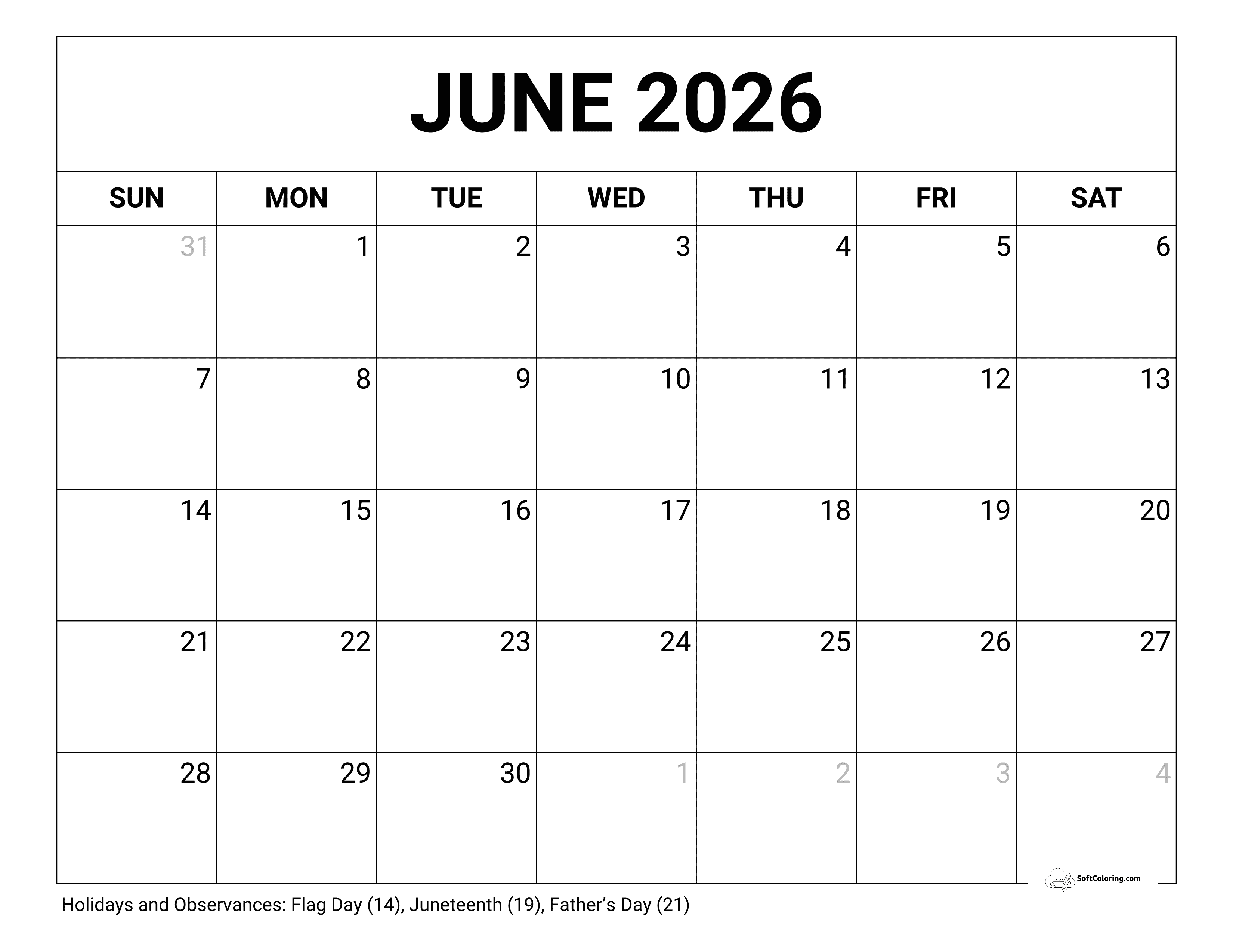 Blank June 2026 Calendar