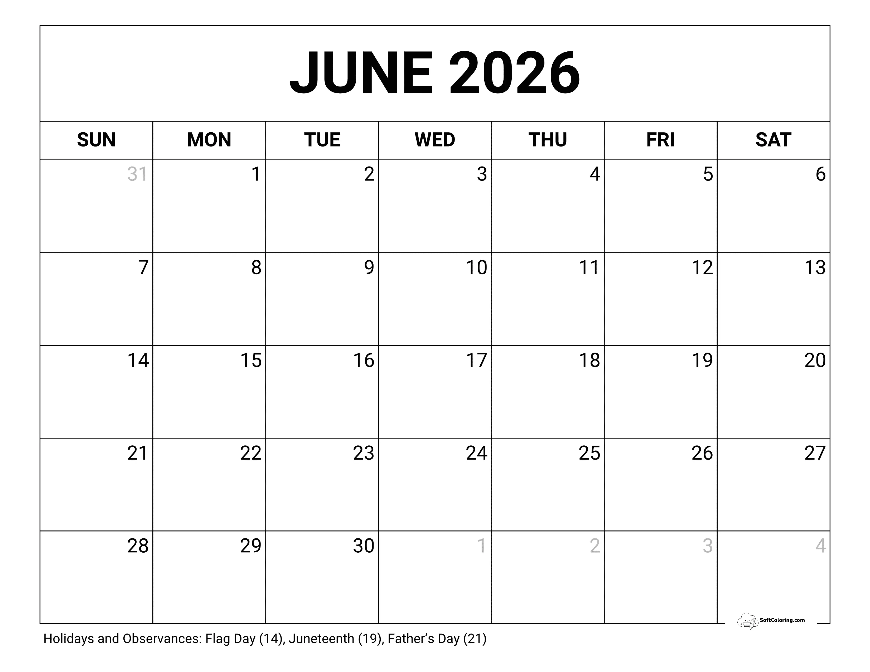 Blank June 2026 Calendar