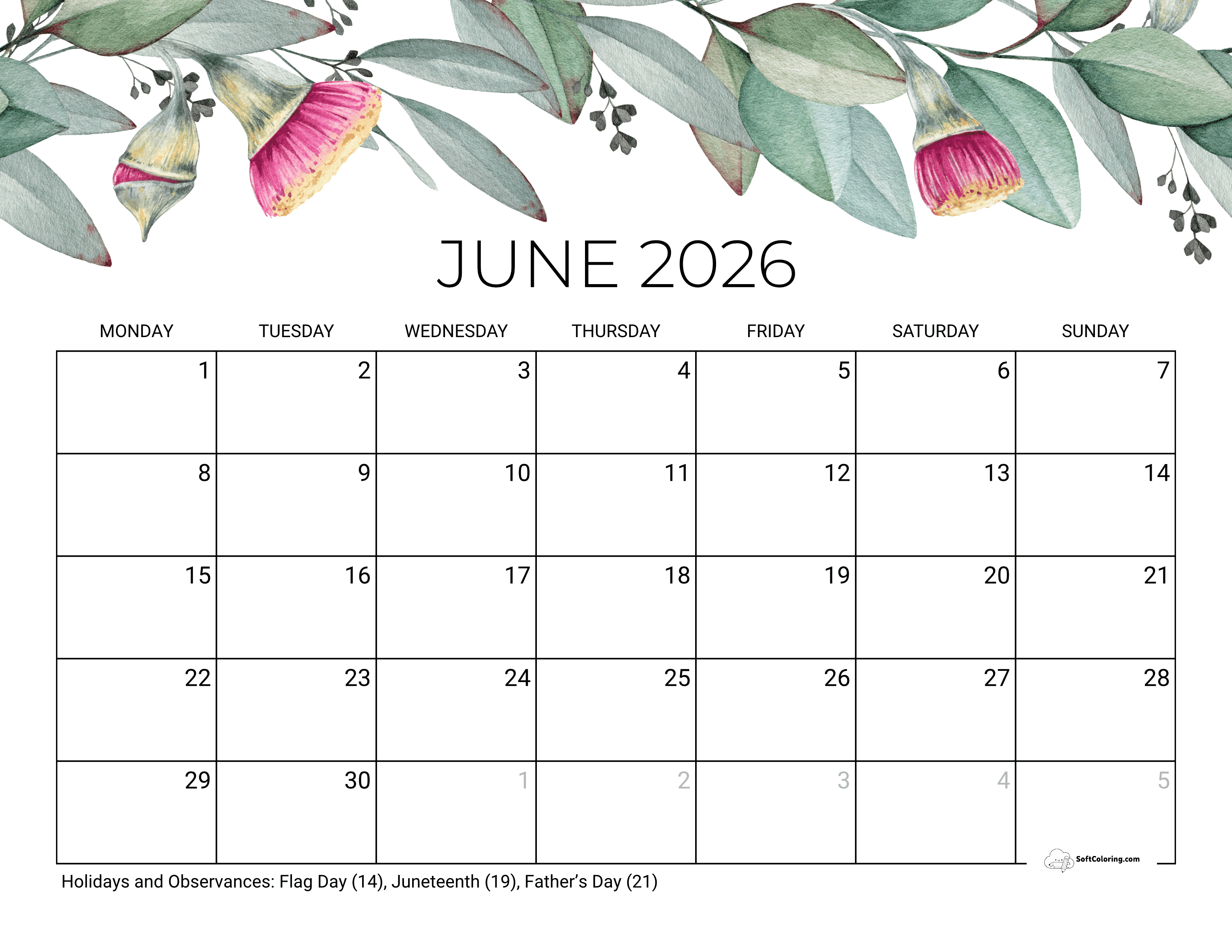 Eucalyptus - June 2026 Monday Calendar