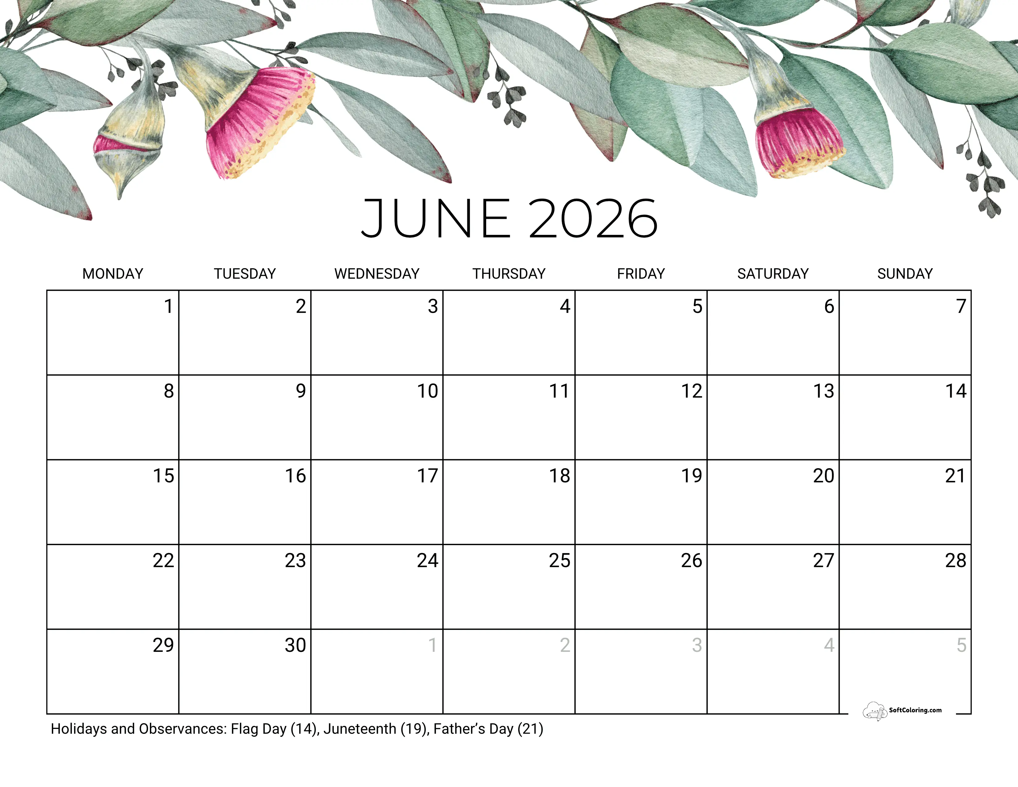 Eucalyptus - June 2026 Monday Calendar
