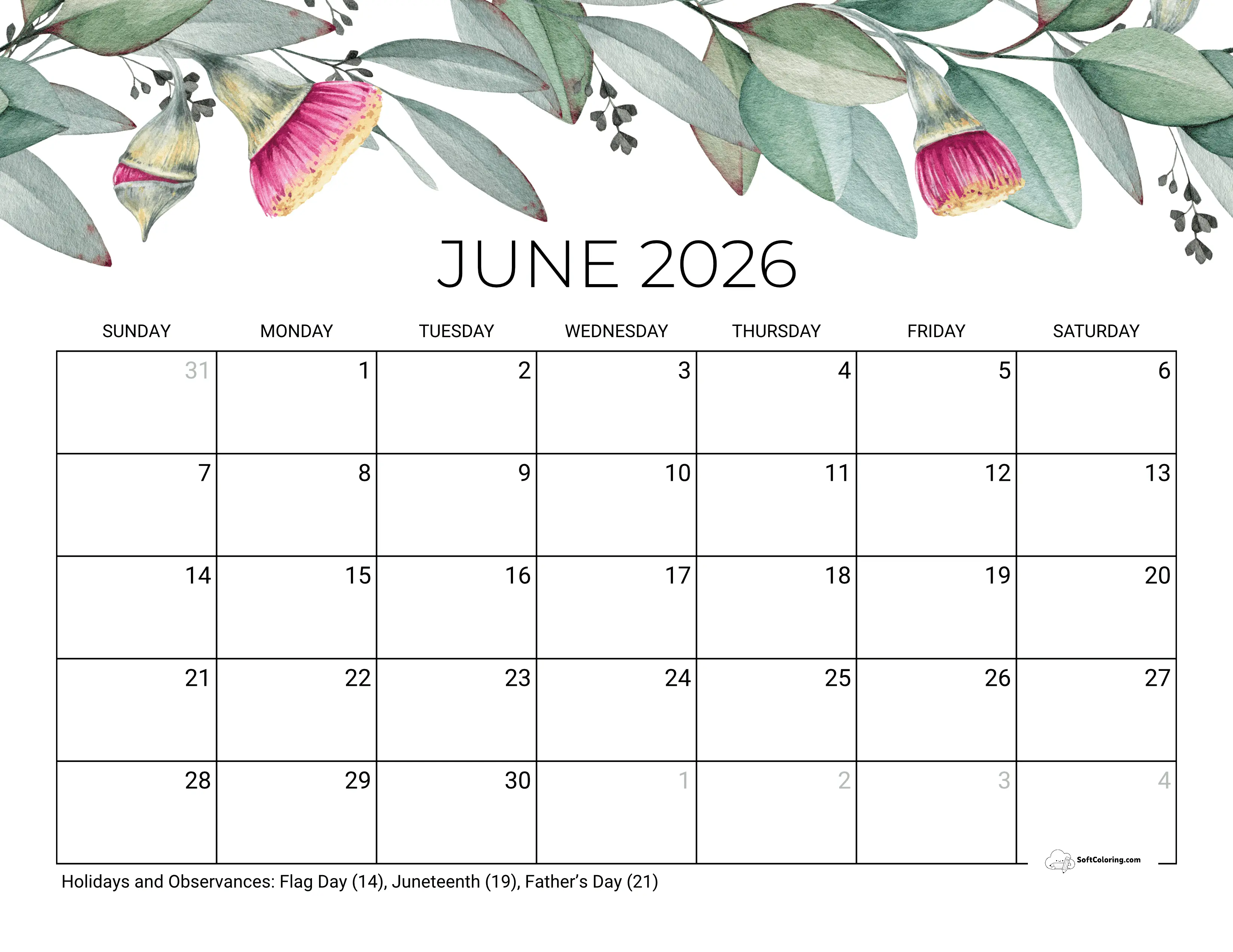 Eucalyptus June 2026 Calendar Printable