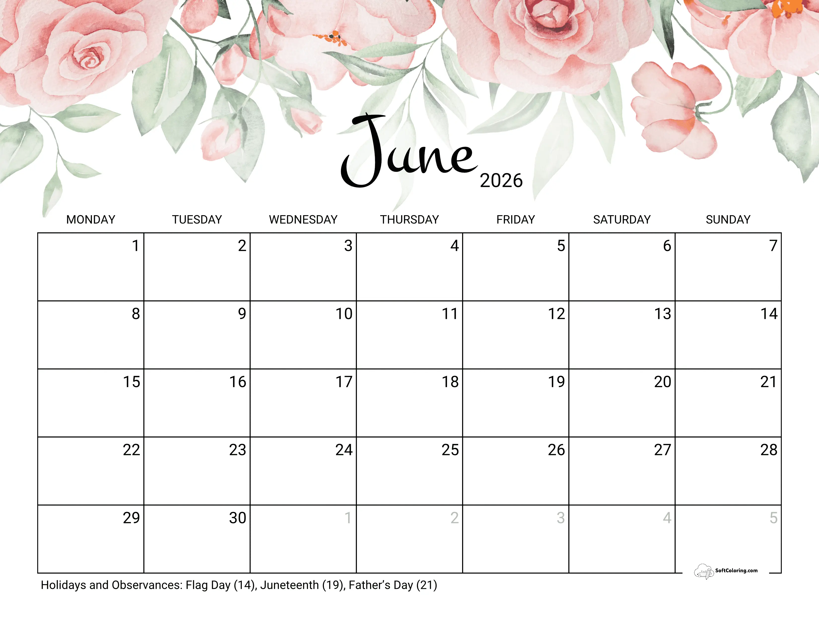Roses - June 2026 Monday Calendar