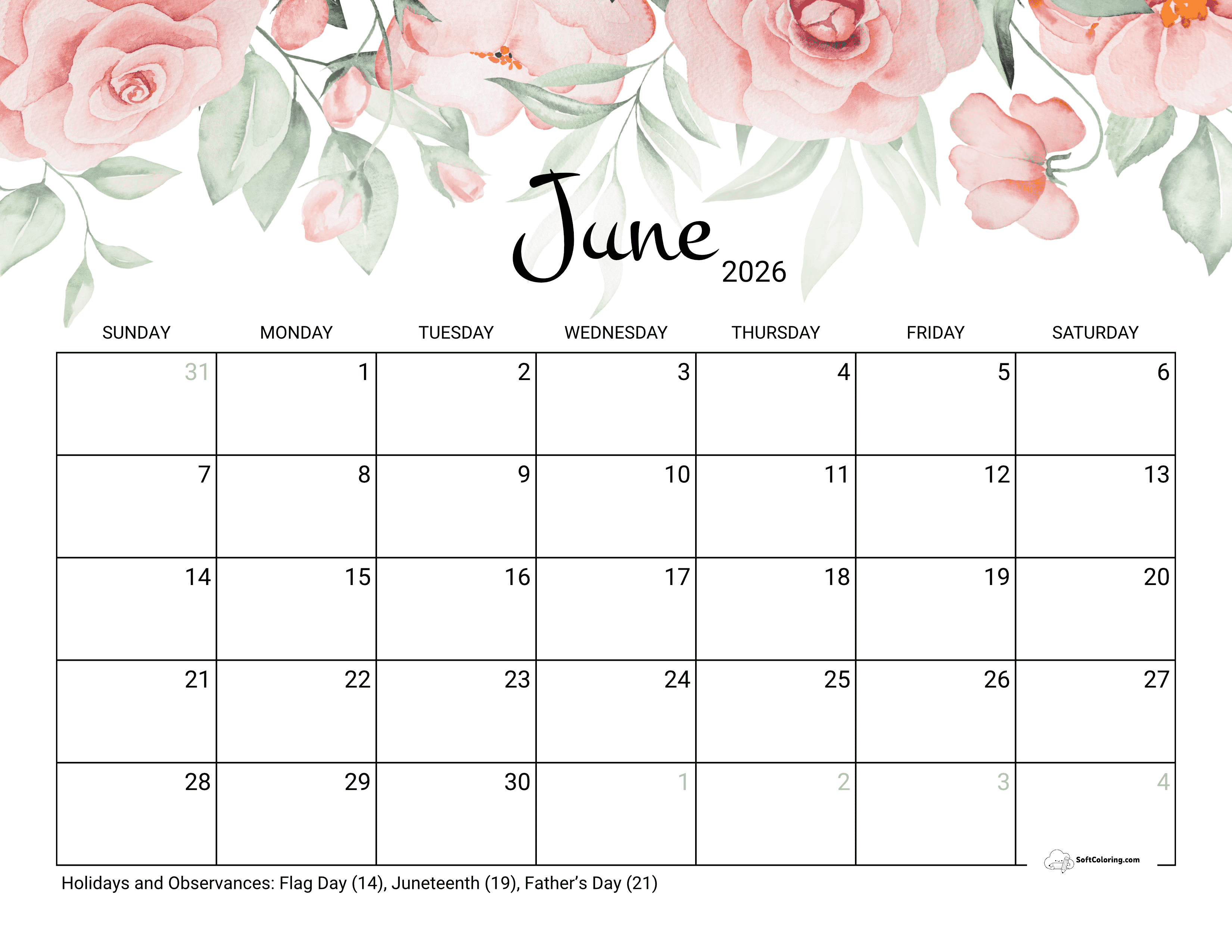 Roses June 2026 Printable Calendar