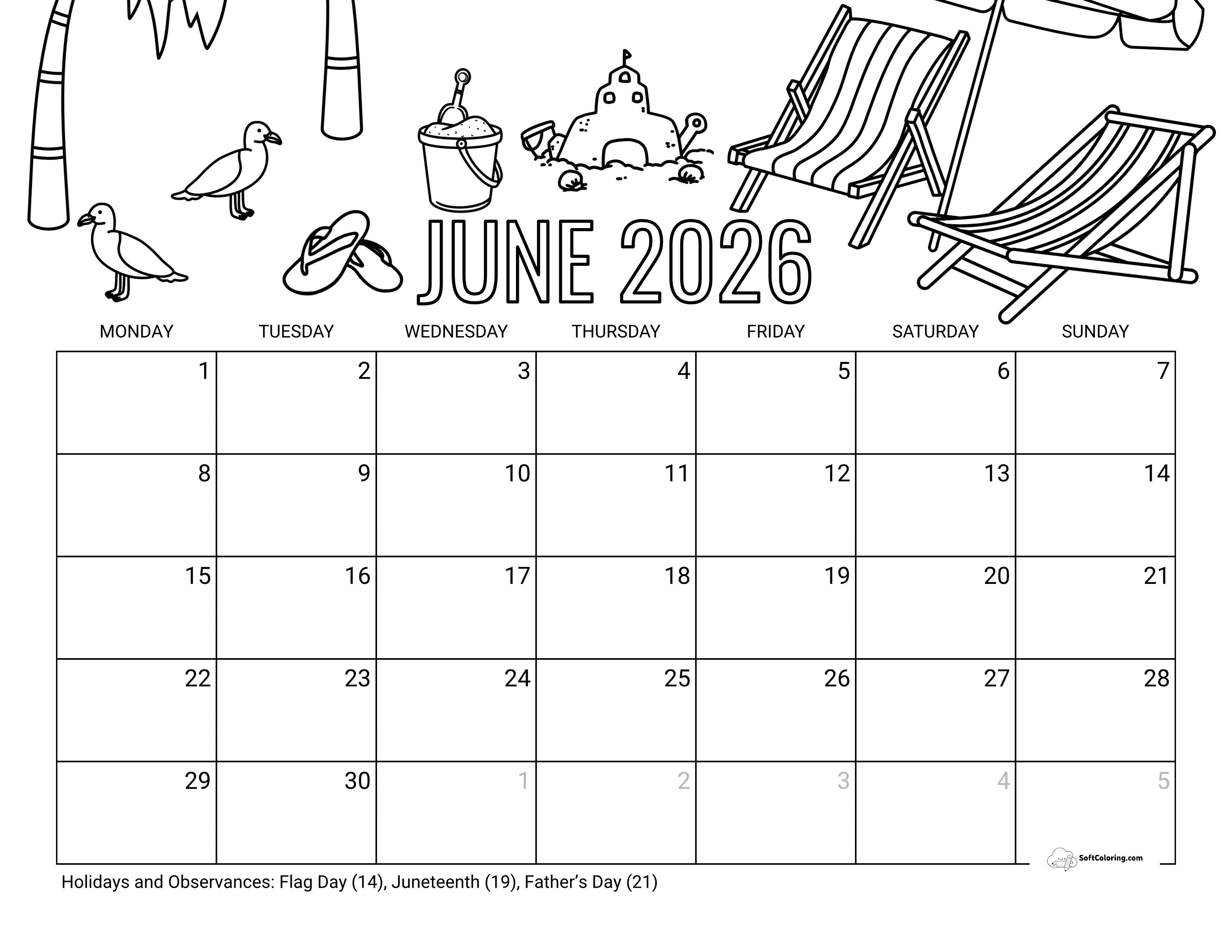 Coloring - June 2026 Monday Calendar