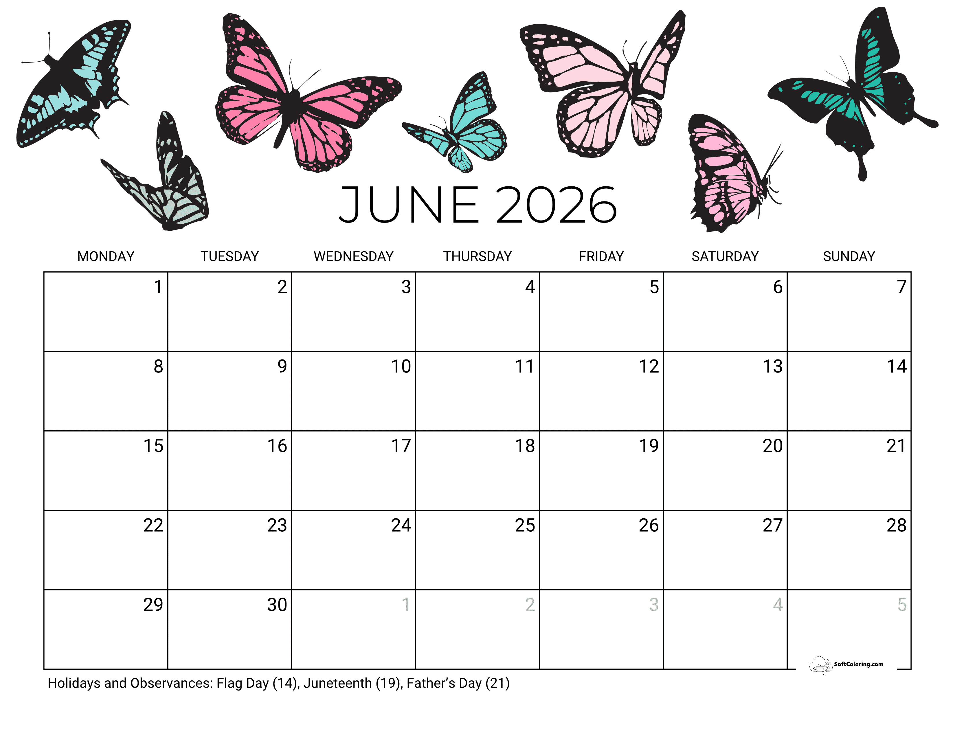 Butterflies - June 2026 Monday Calendar