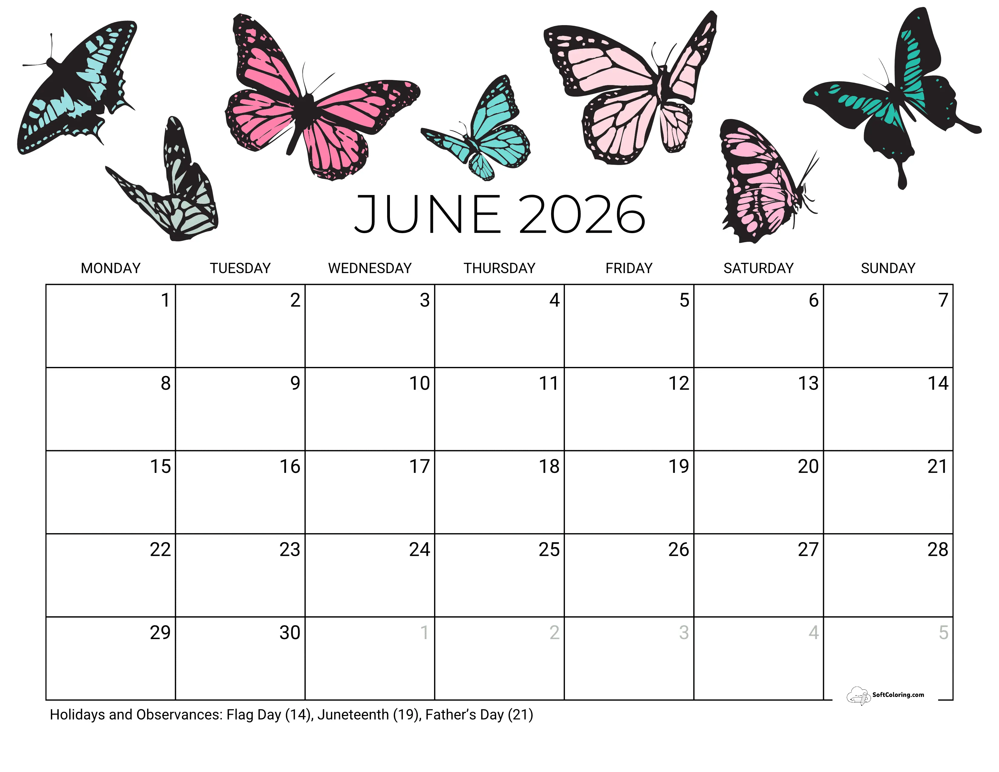 Butterflies - June 2026 Monday Calendar