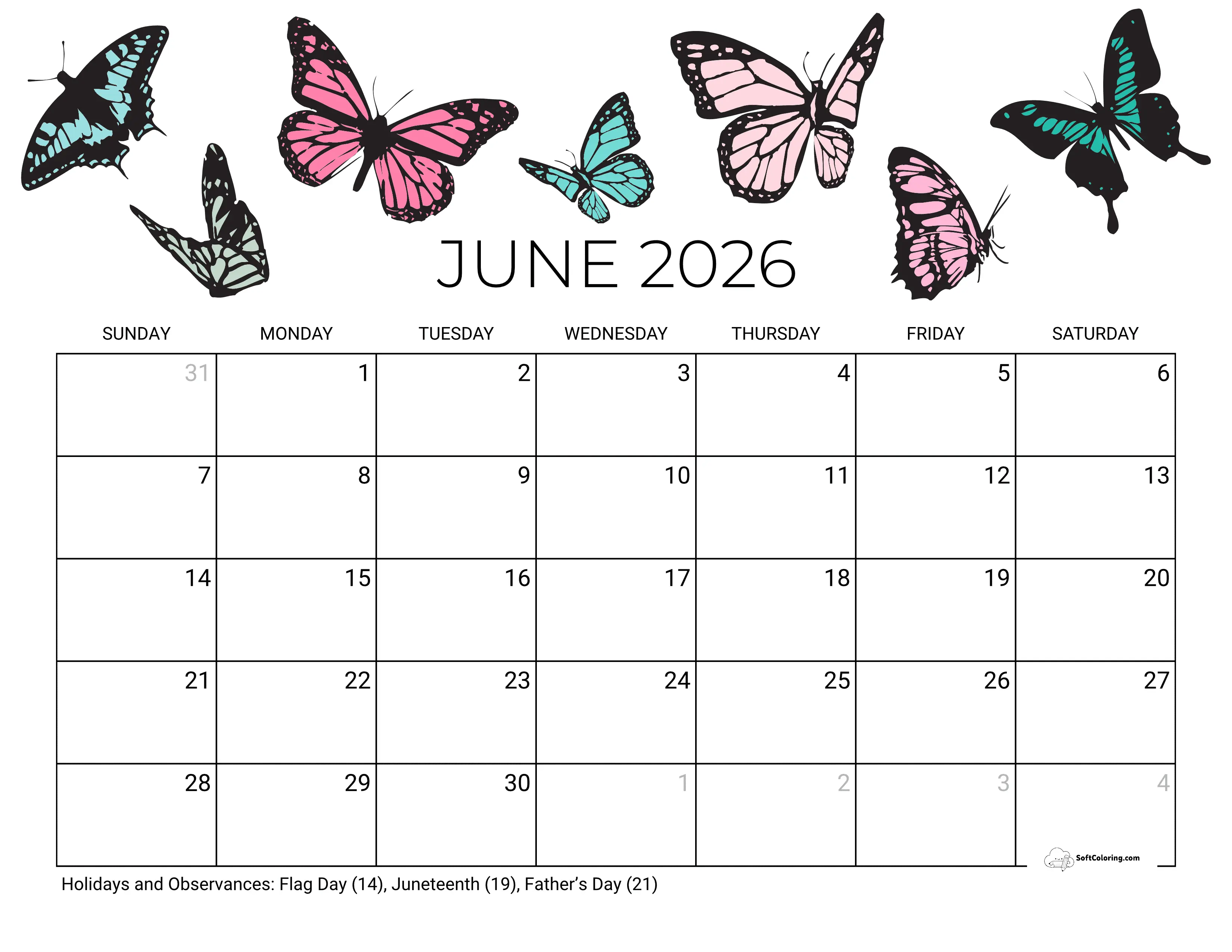 Summertime Butterflies June 2026 Calendar Template