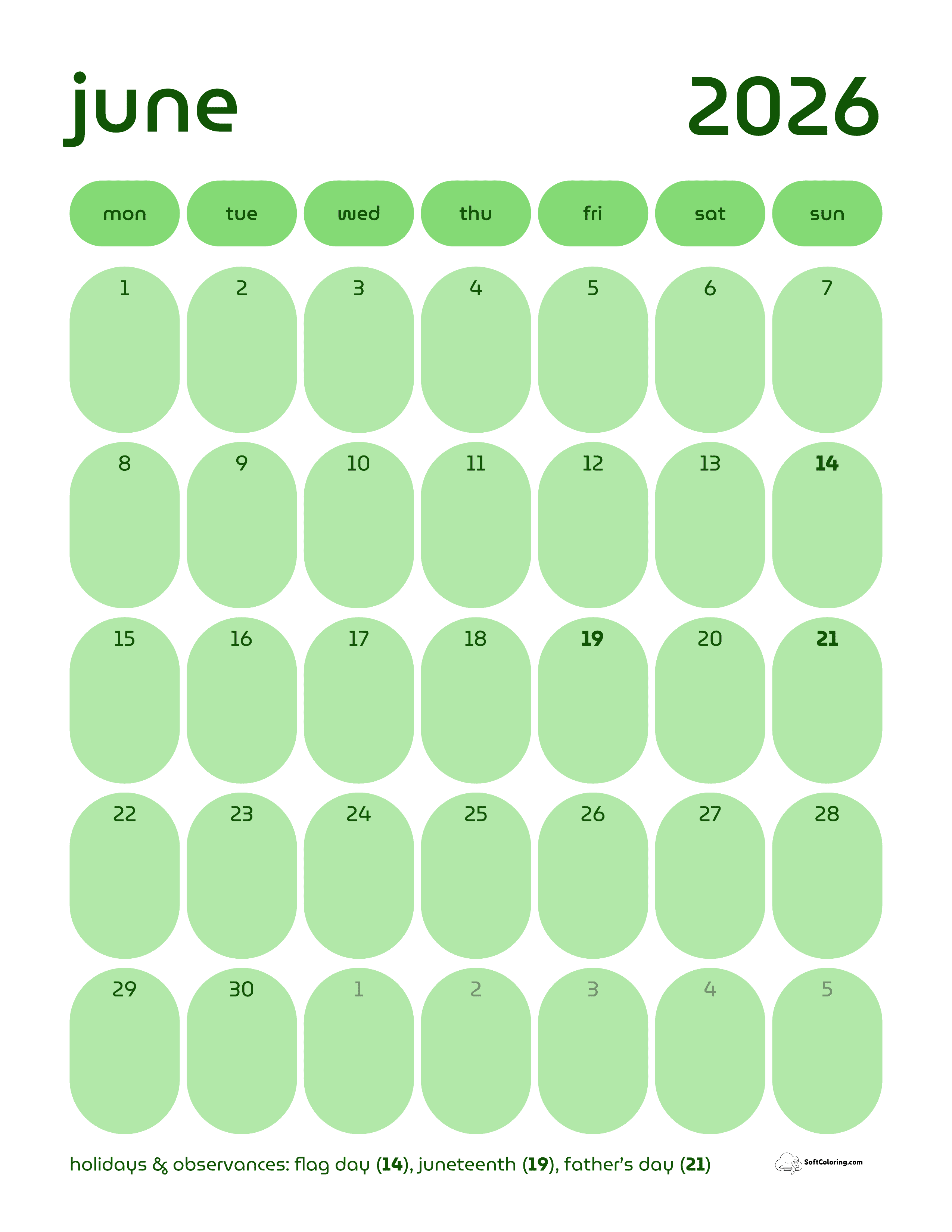 Retro Portrait - June 2026 Monday Calendar
