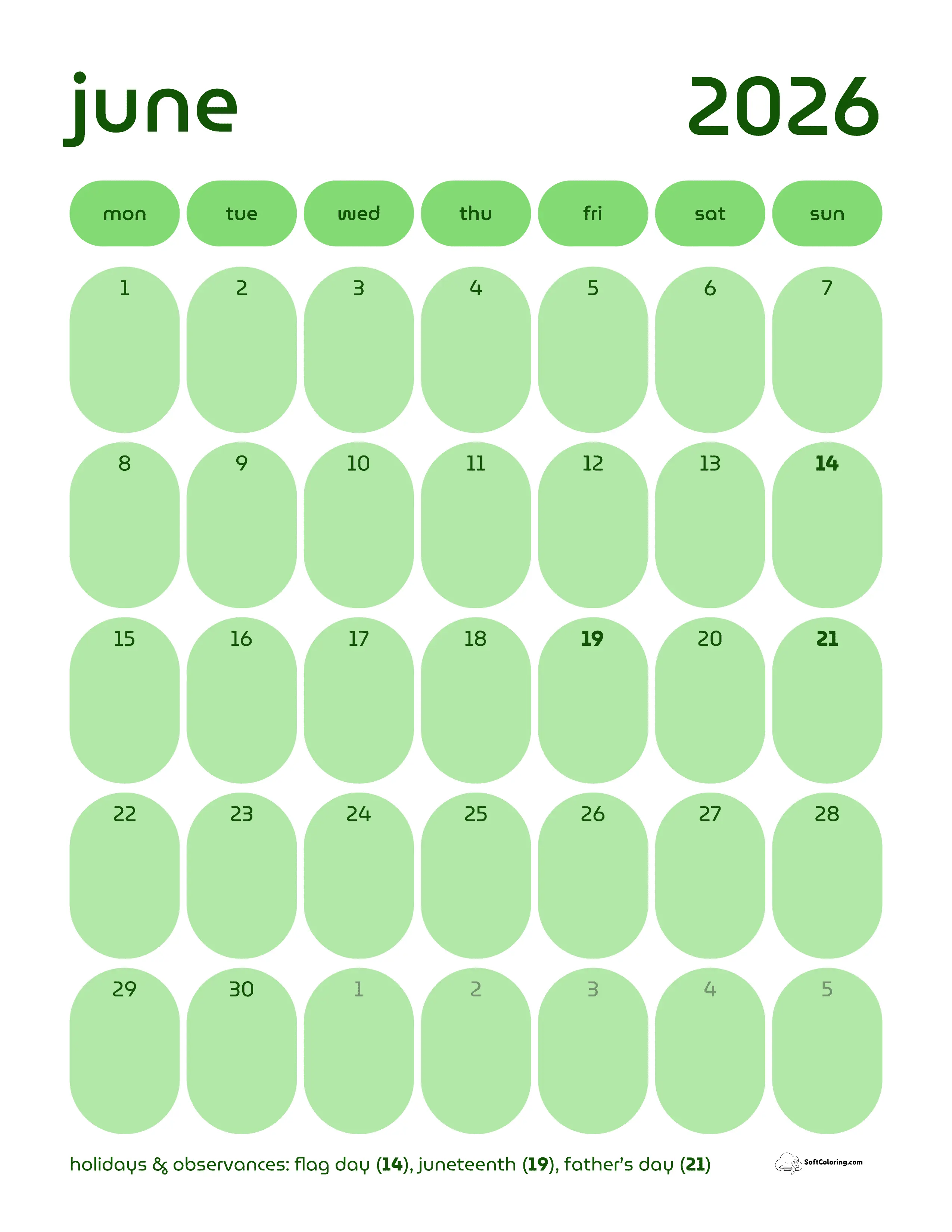 Retro Portrait - June 2026 Monday Calendar