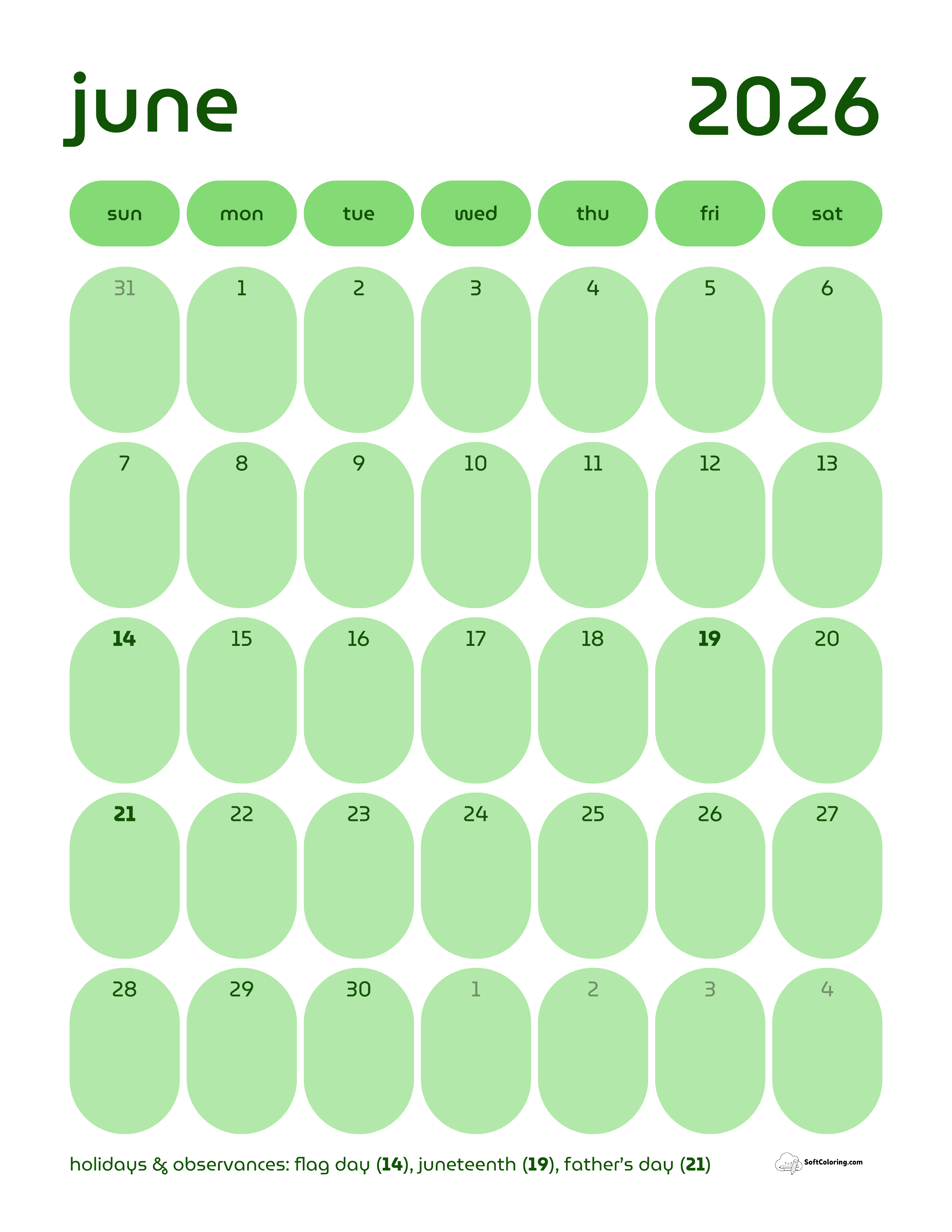 Retro Green Portrait Calendar June 2026
