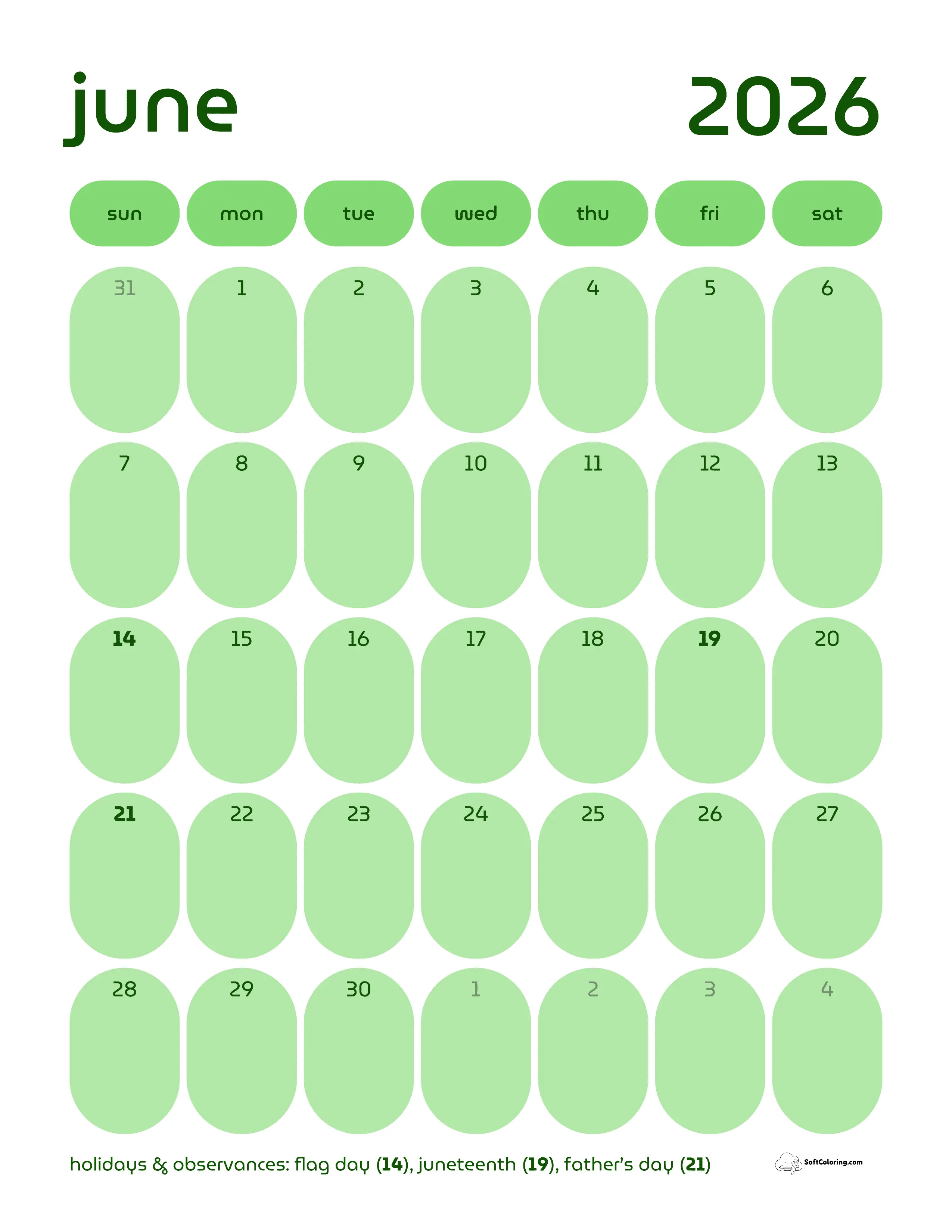 Retro Green Portrait Calendar June 2026