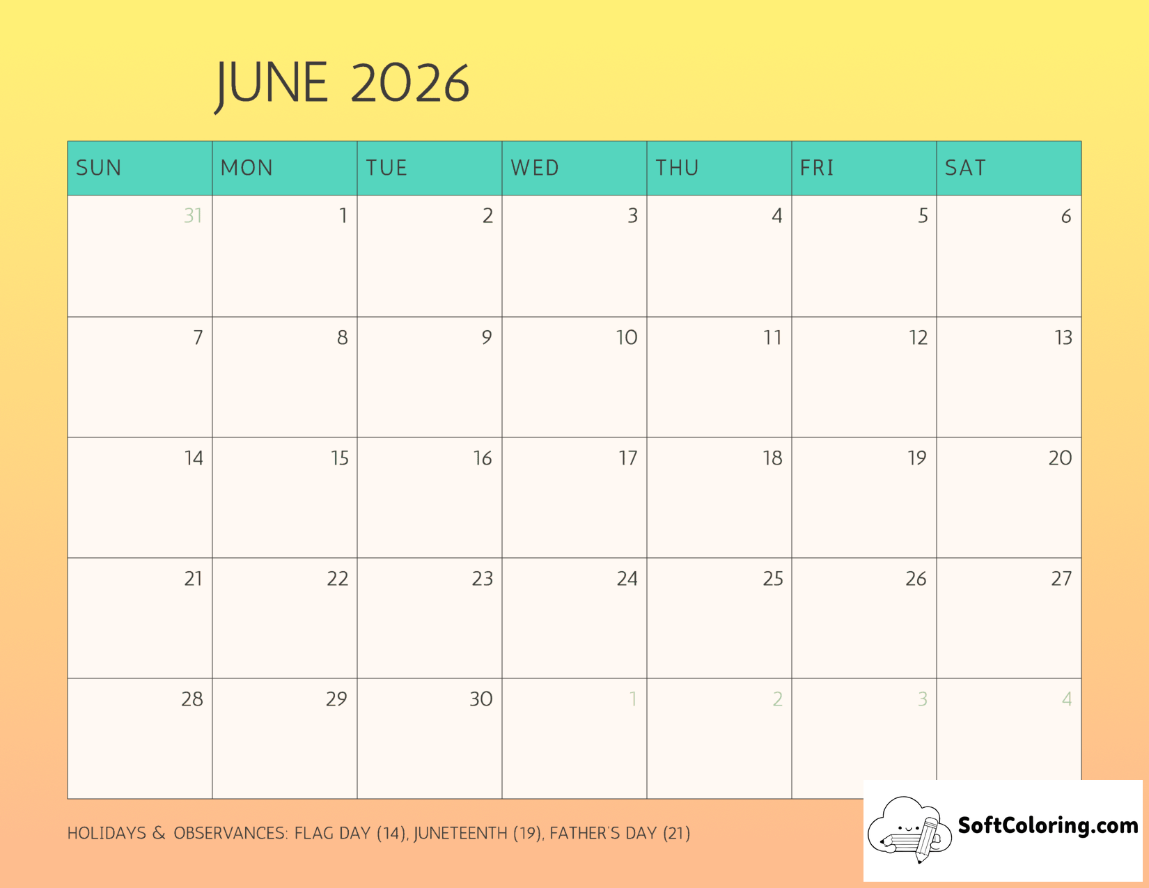 Simple Summer Sunset June Calendar 2026 Template