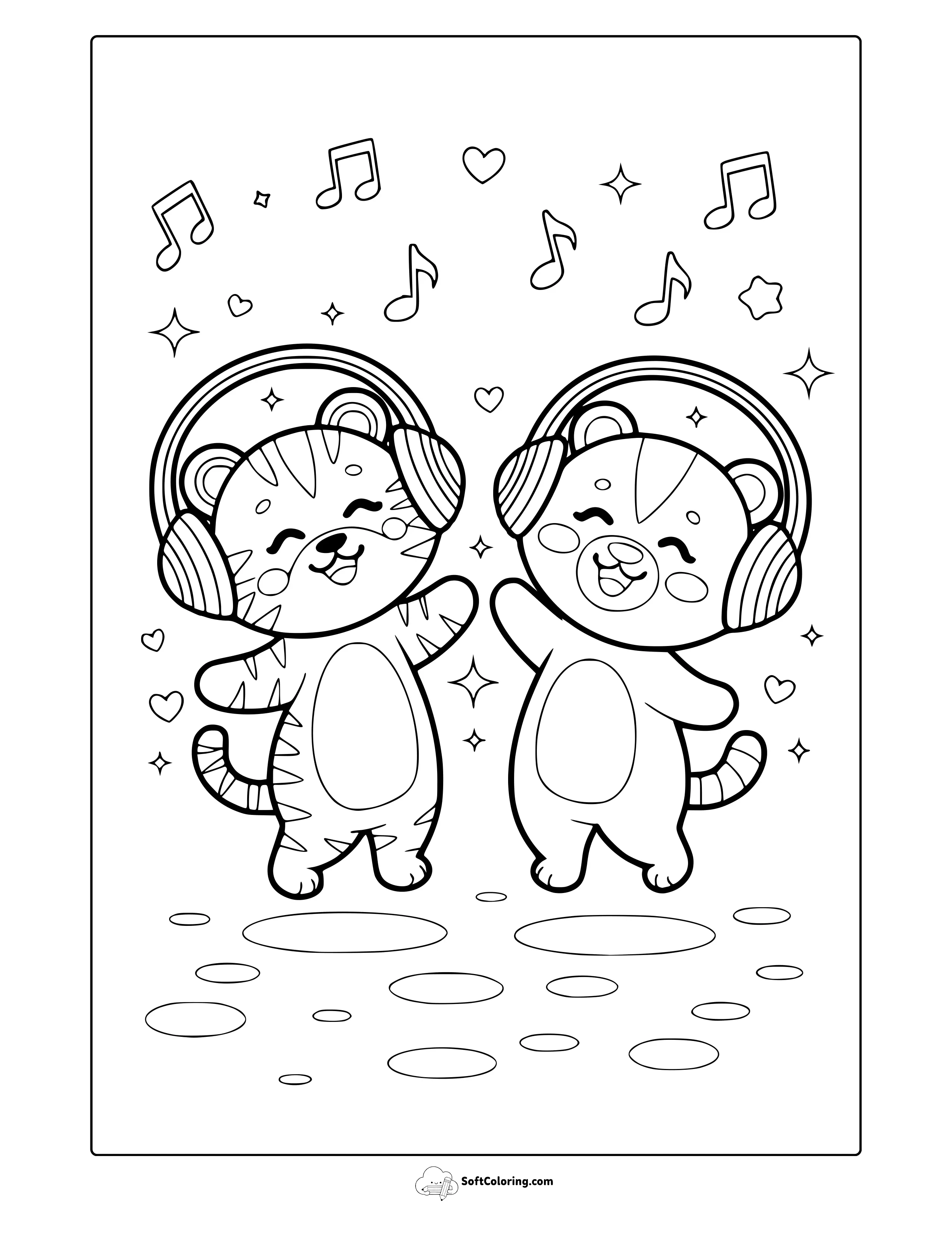 Kawaii Animals With Headphones Coloring Page