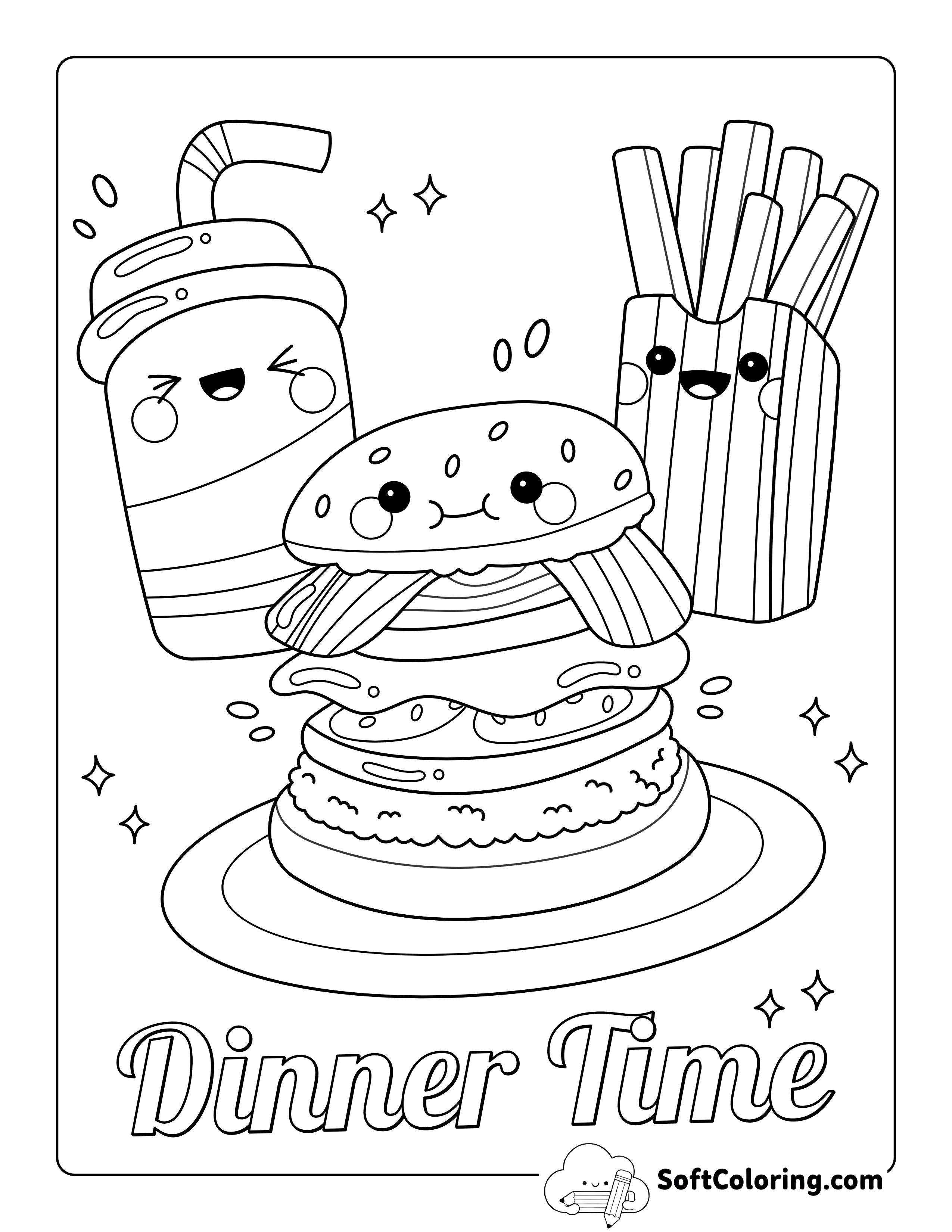 "Dinner Time" Kawaii Coloring Page for Kids