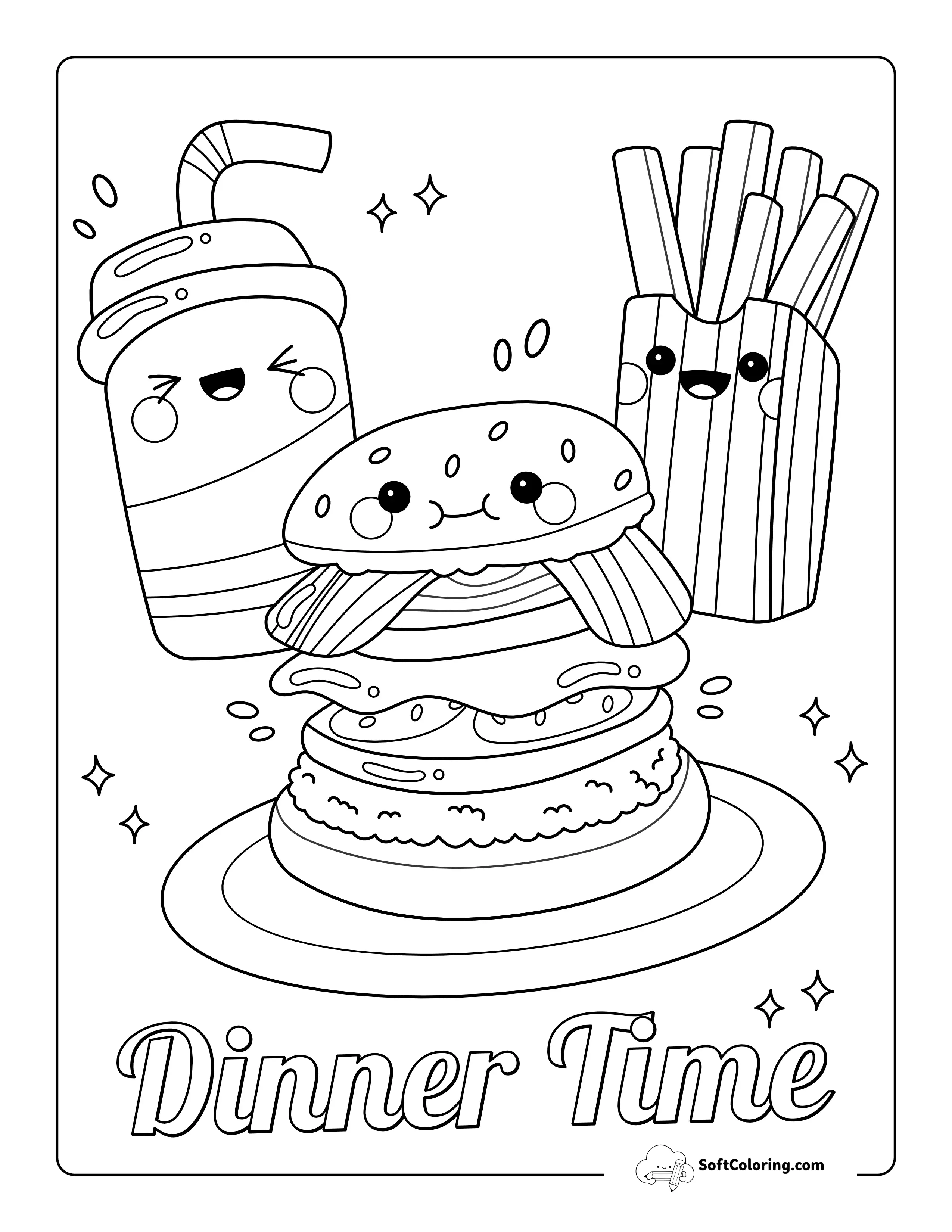 "Dinner Time" Kawaii Coloring Page For Kids