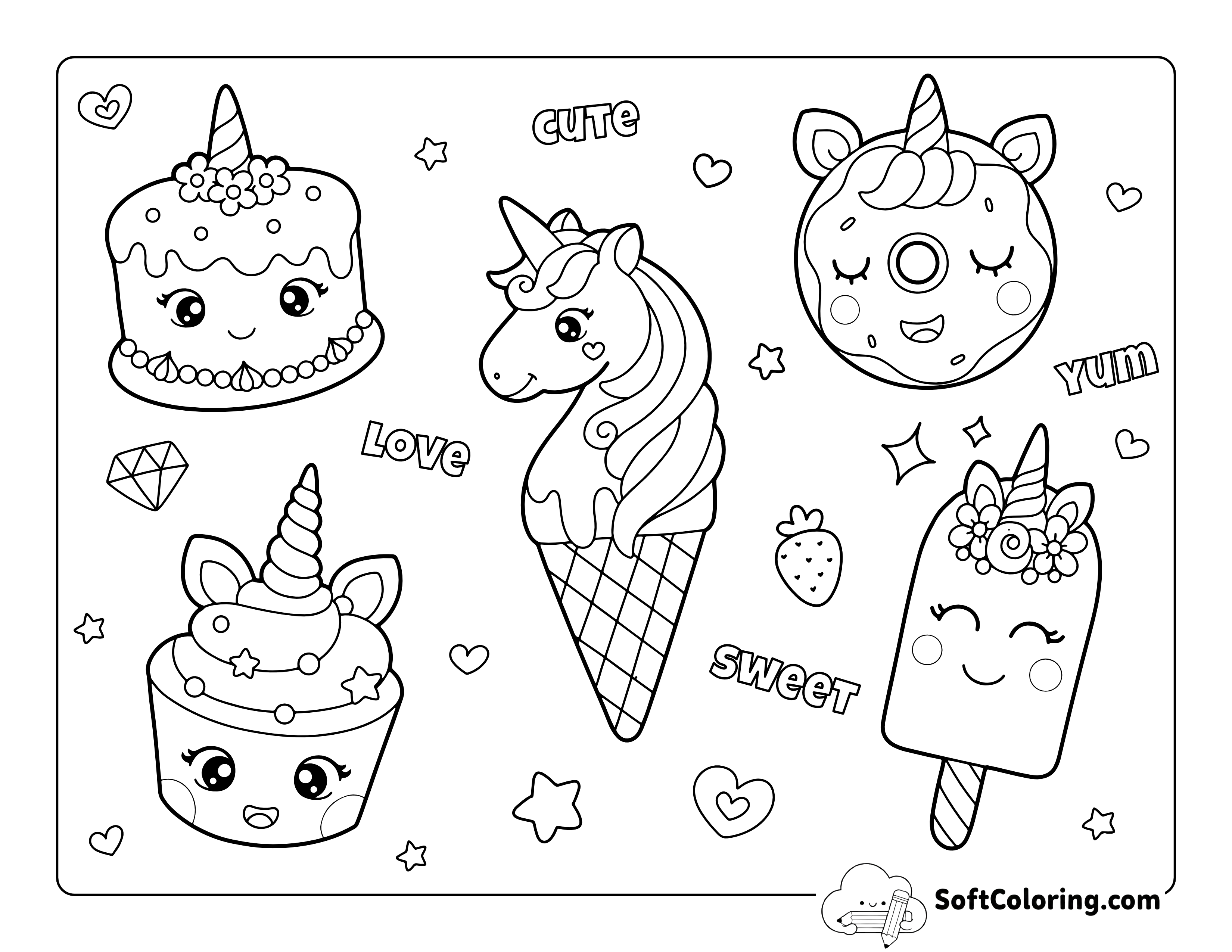 Cute Food Kawaii Coloring Sheet for Kids