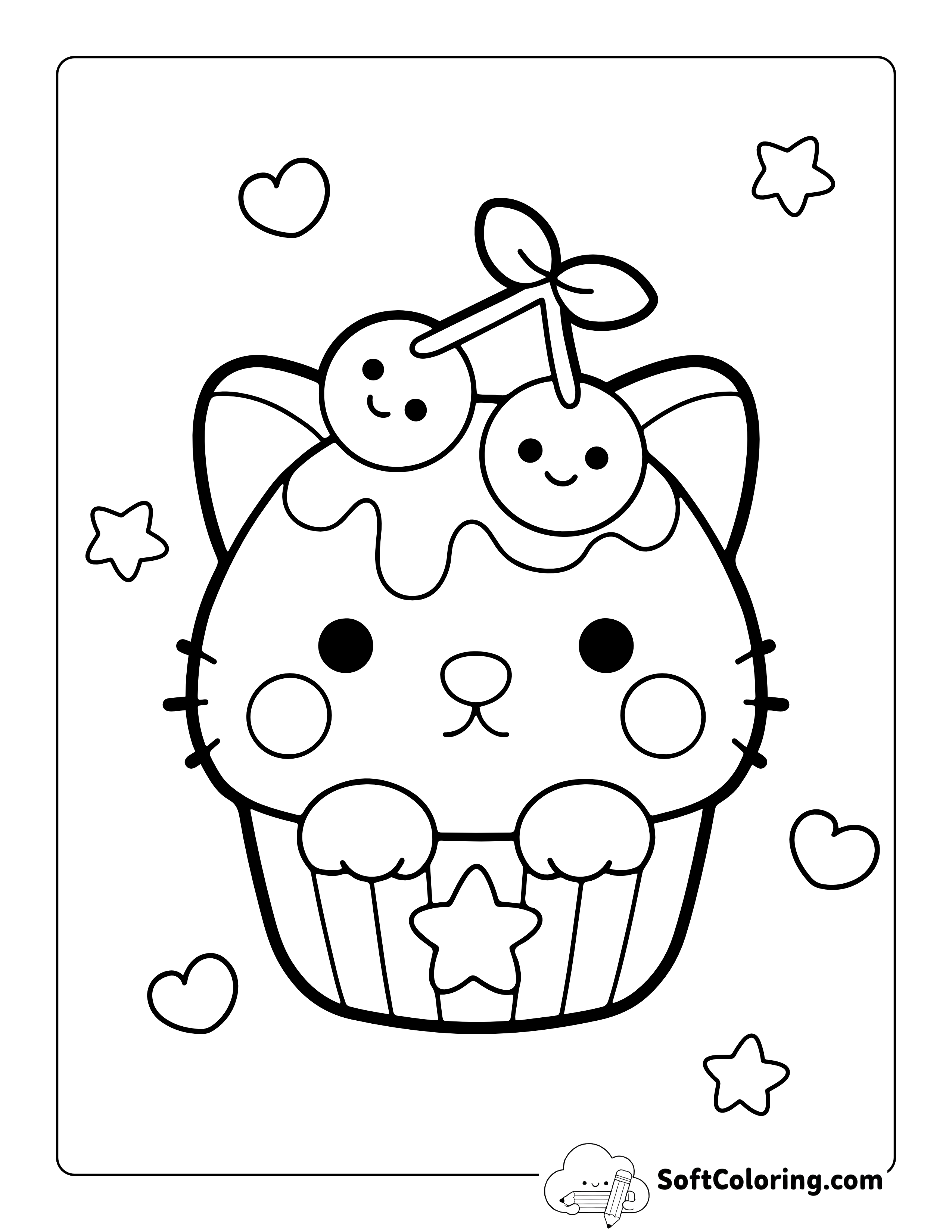 Kawaii Cat Cupcake Printable Coloring Page