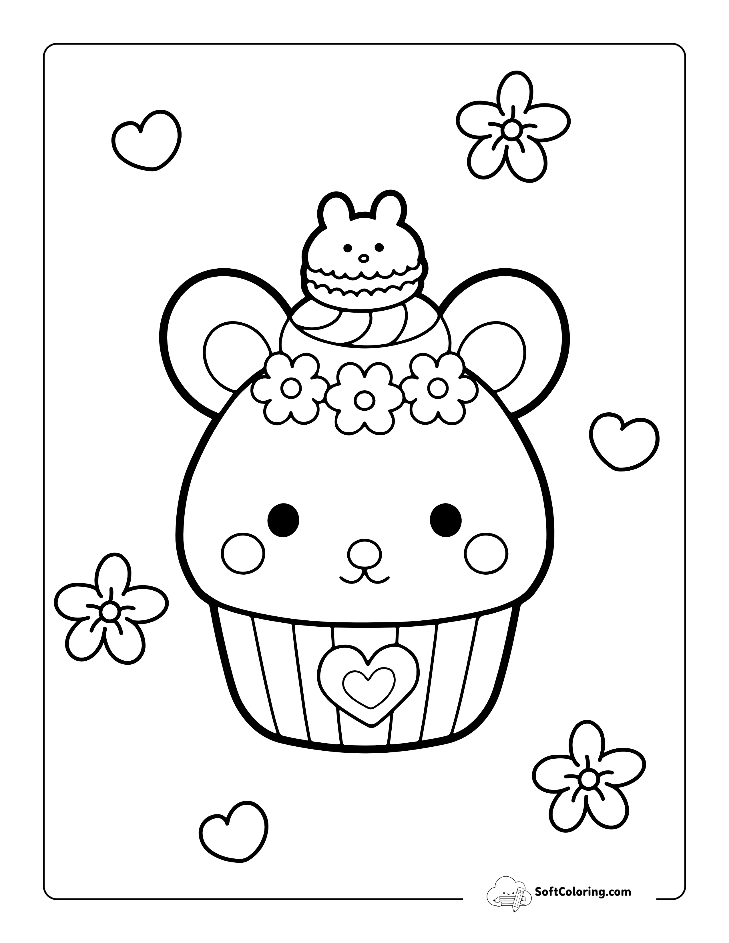 Kawaii Mouse Cupcake Coloring Sheet