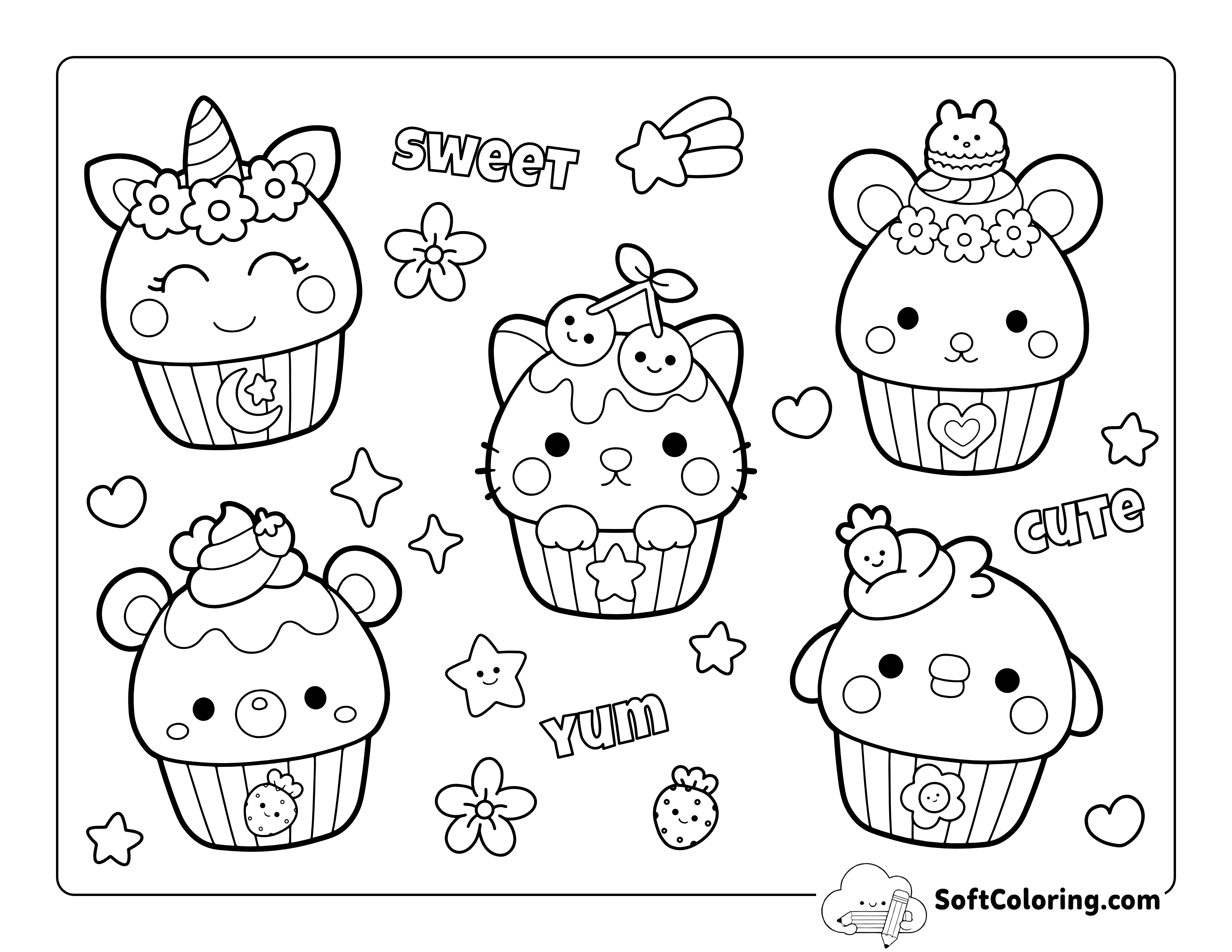 Kawaii Animal Cupcakes Coloring Page