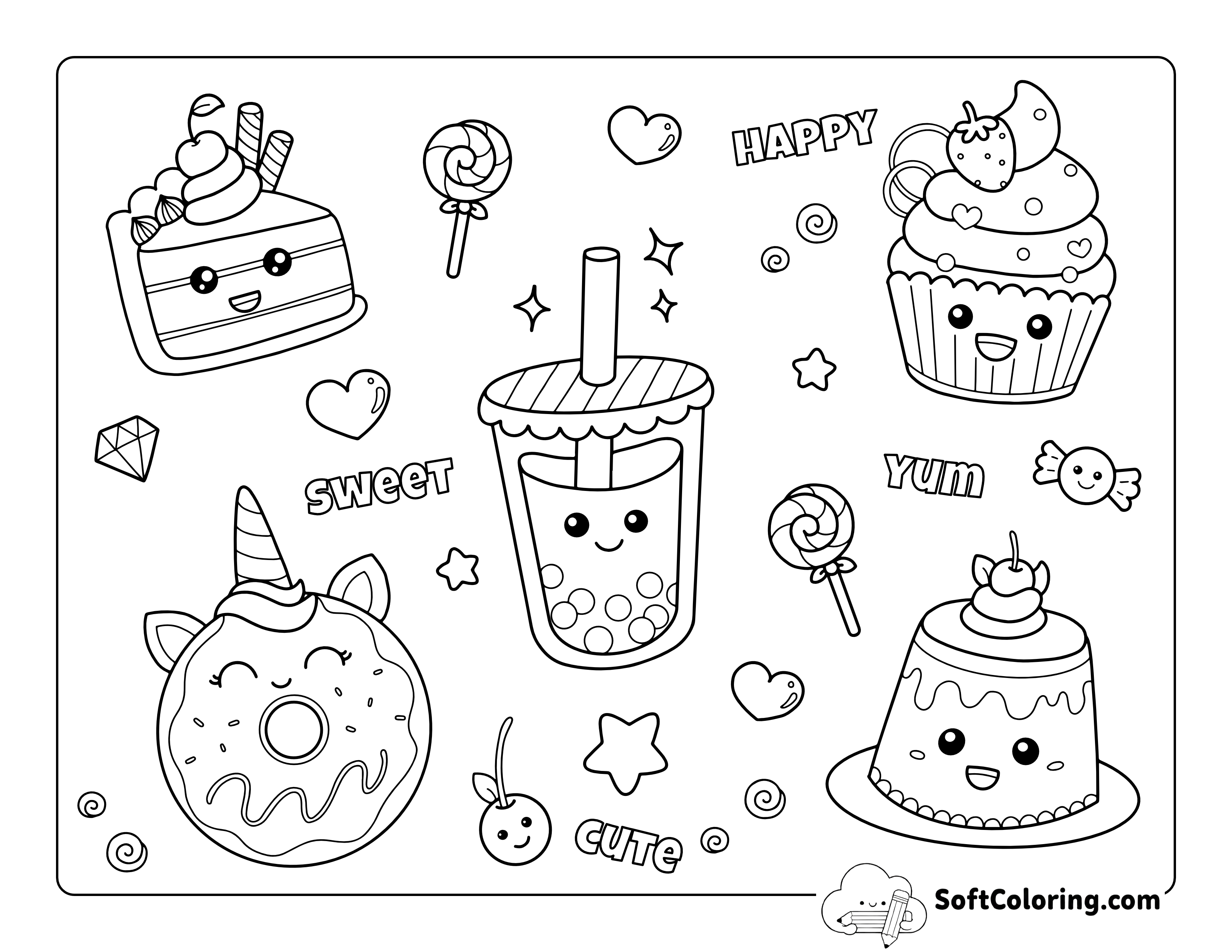 Kawaii Cakes & Candy Coloring Page for Kids
