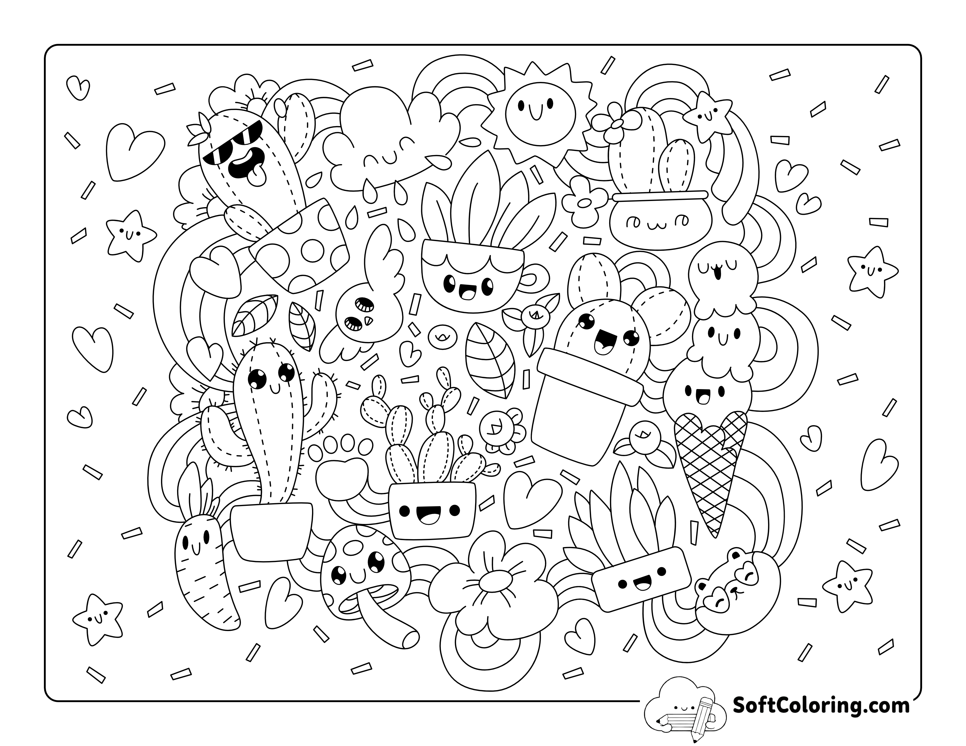 Cute Plants and Food Preppy Printable Coloring Page