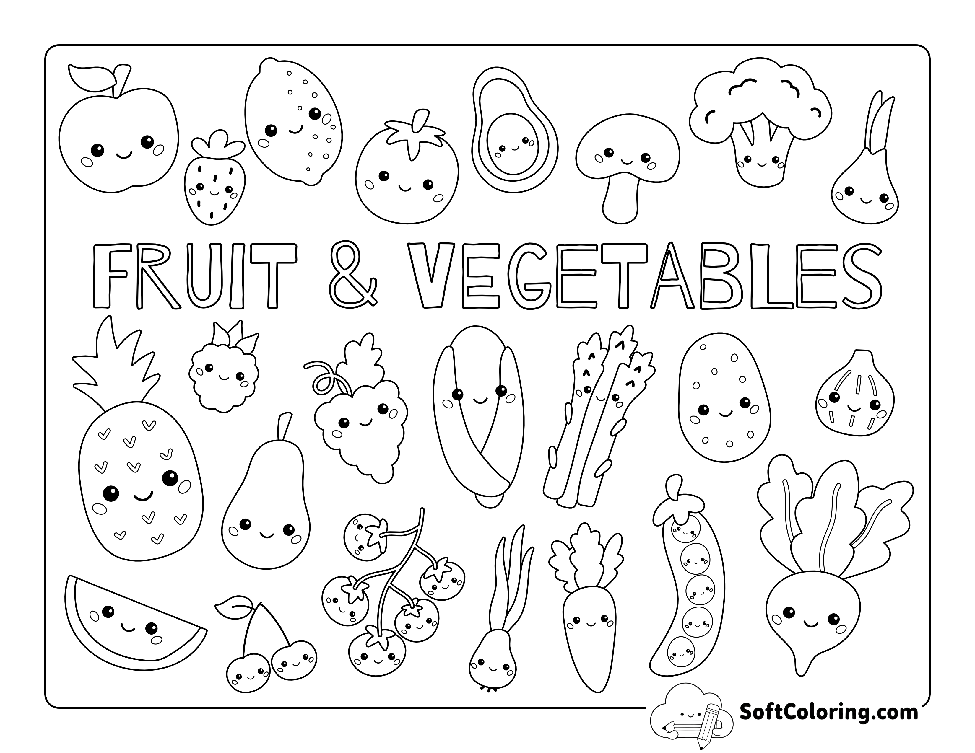 "Fruit & Vegetables" Kawaii Coloring Sheet for Kids