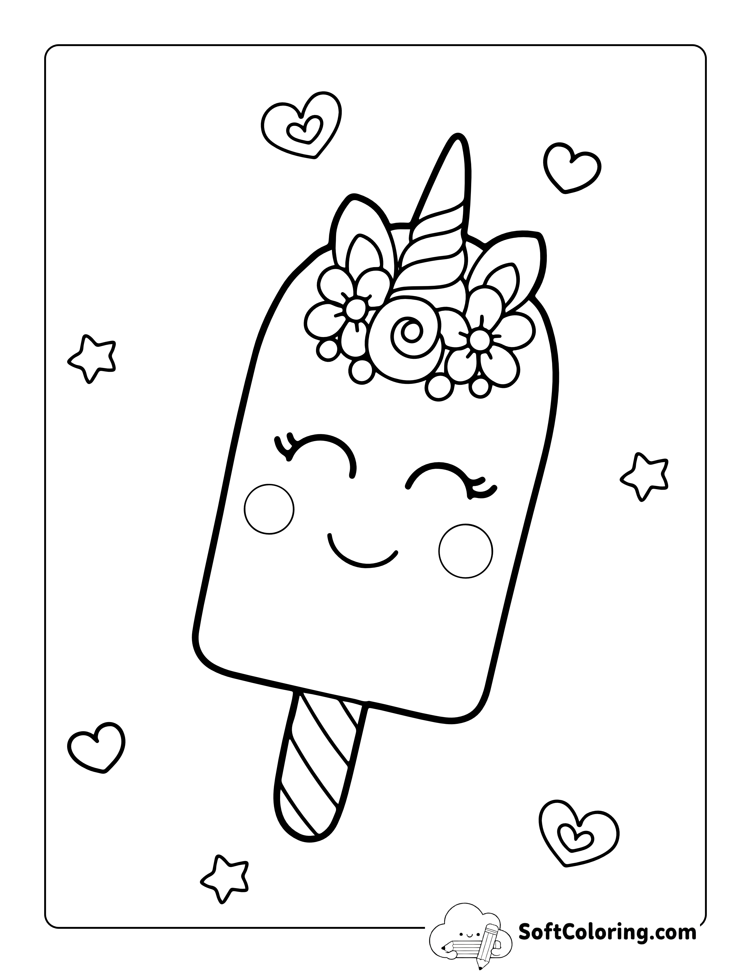 Cute Unicorn Popsicle Picture to Color In